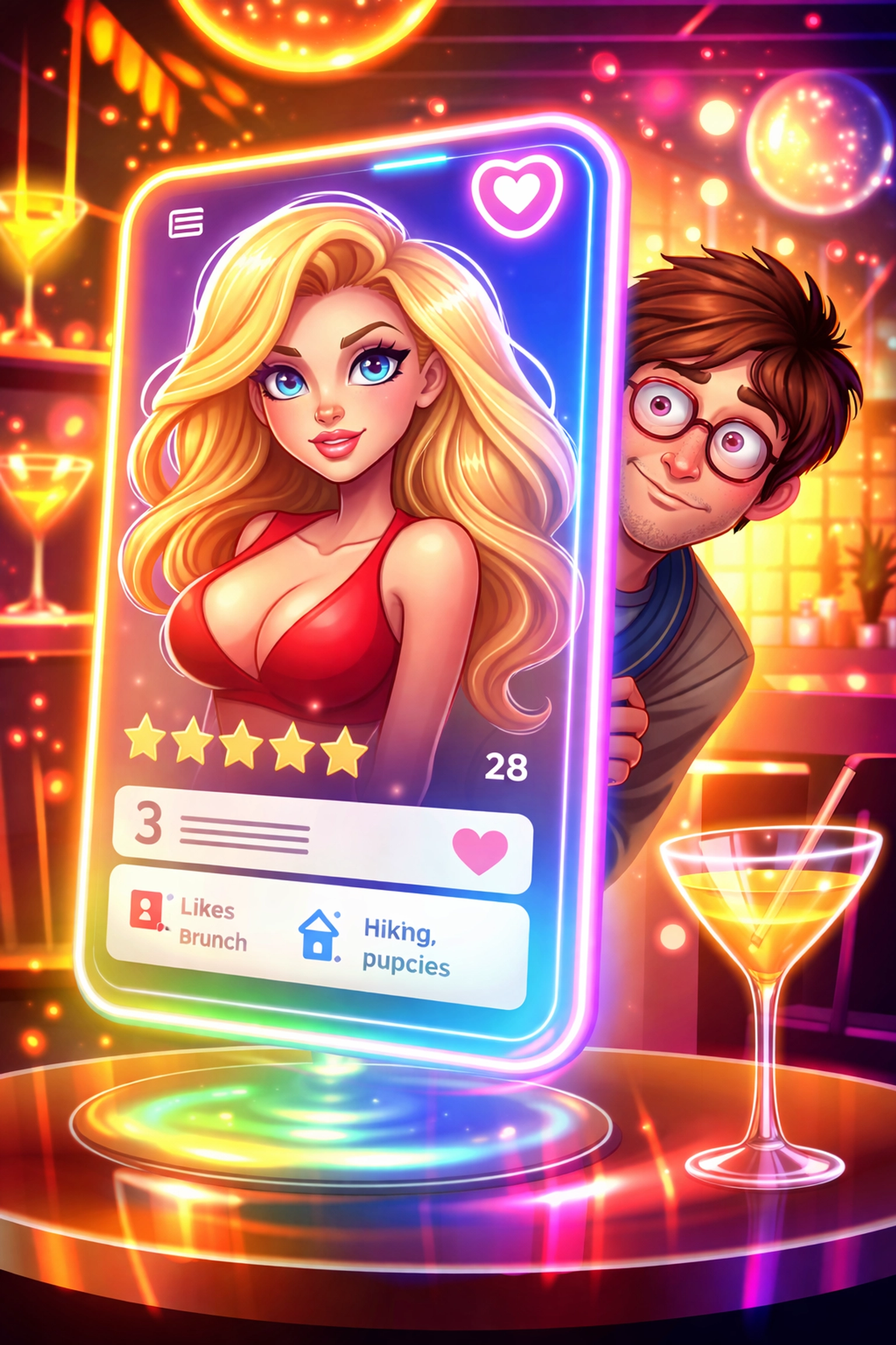 A flashy dating profile avatar contrasts with a real person, illustrating bio-baiting deception