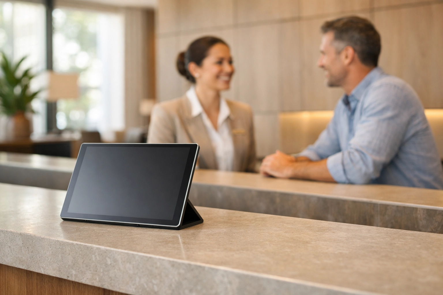 Minimalist hotel check-in desk featuring a sleek tablet for efficient guest management.