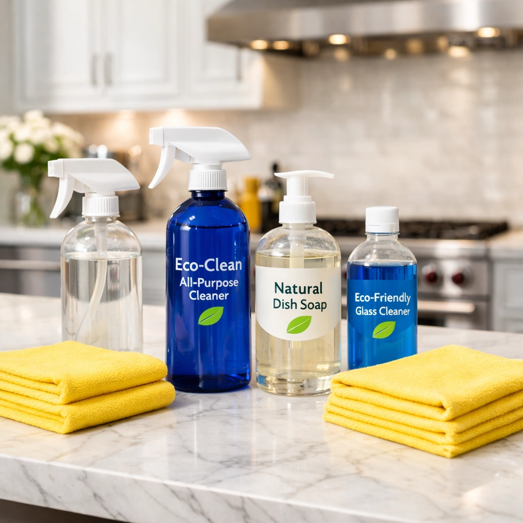 Eco-friendly products and supplies used for professional green cleaning services Lowell MA on a kitchen island.