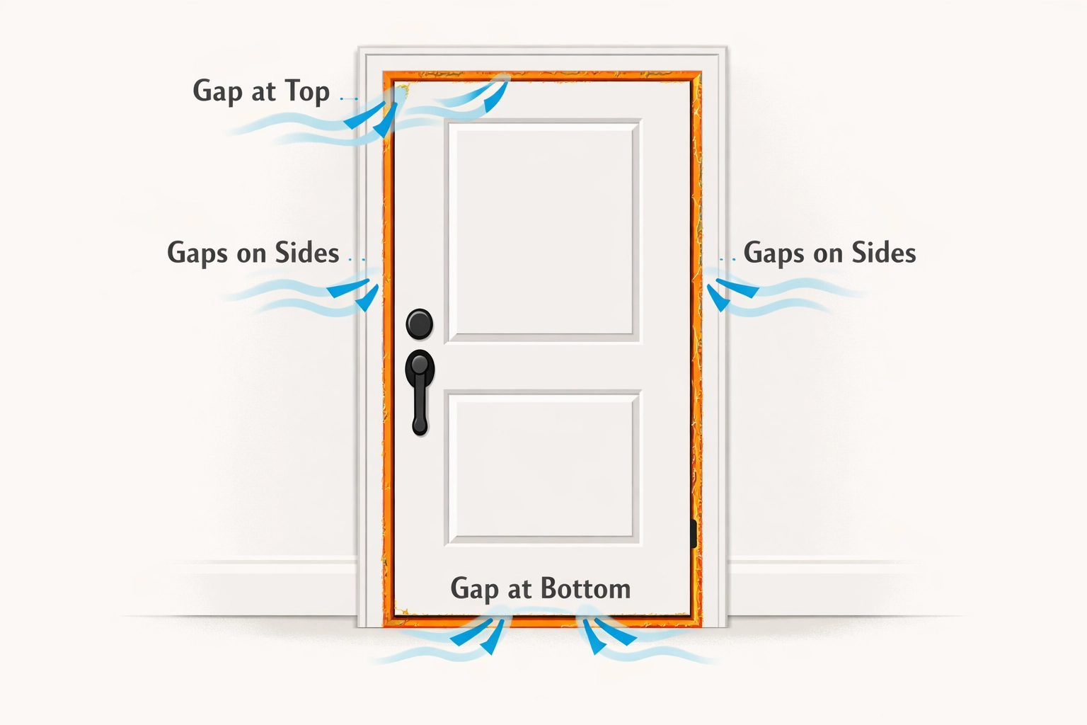 Door gaps and air leaks around weatherstripping causing cold drafts and energy loss