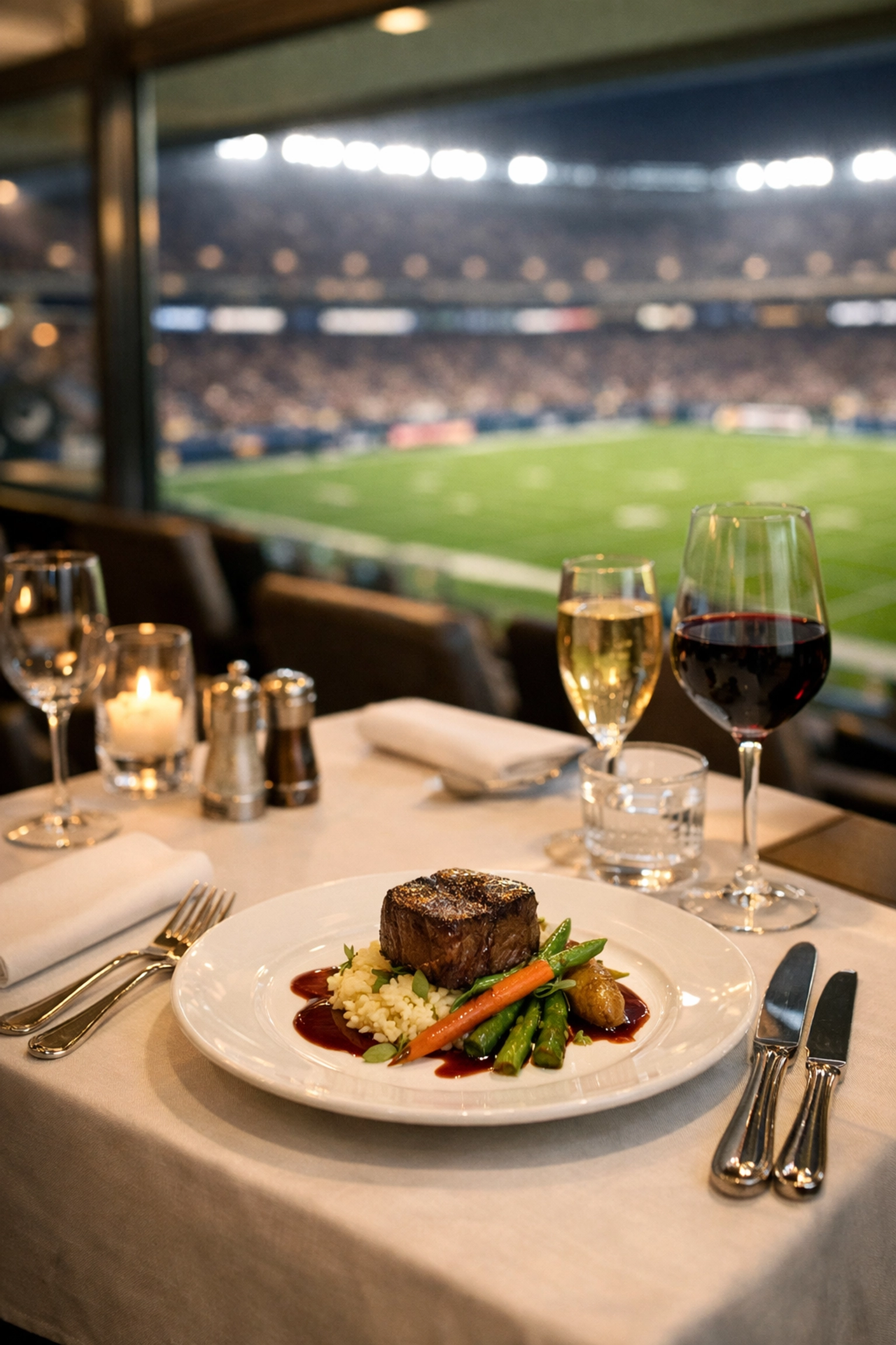 Fine dining table in a glass-walled luxury stadium suite overlooking the football field for executive hosting.