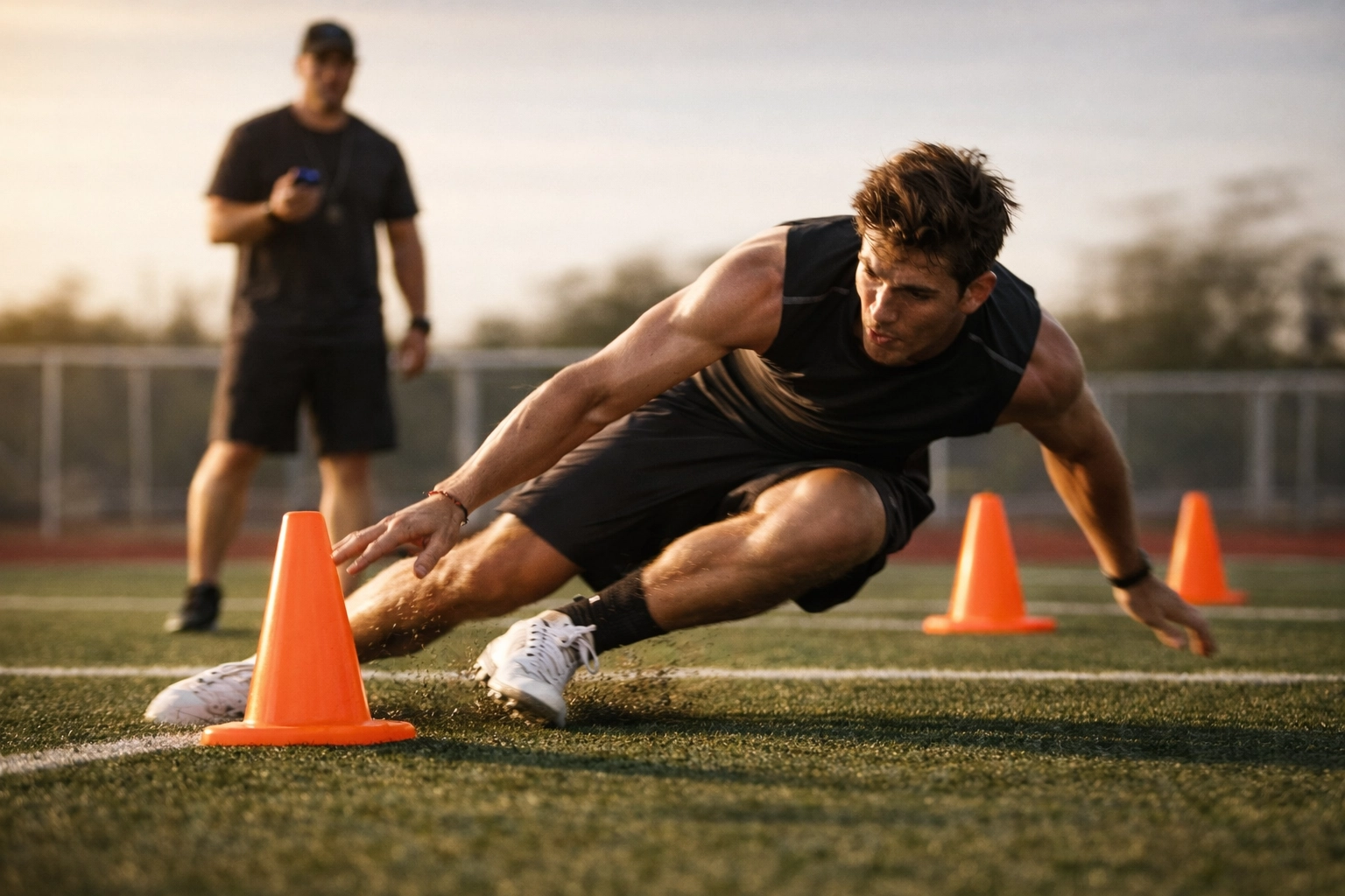 Athlete performing Pro-Agility test with cones during speed training drill on turf field