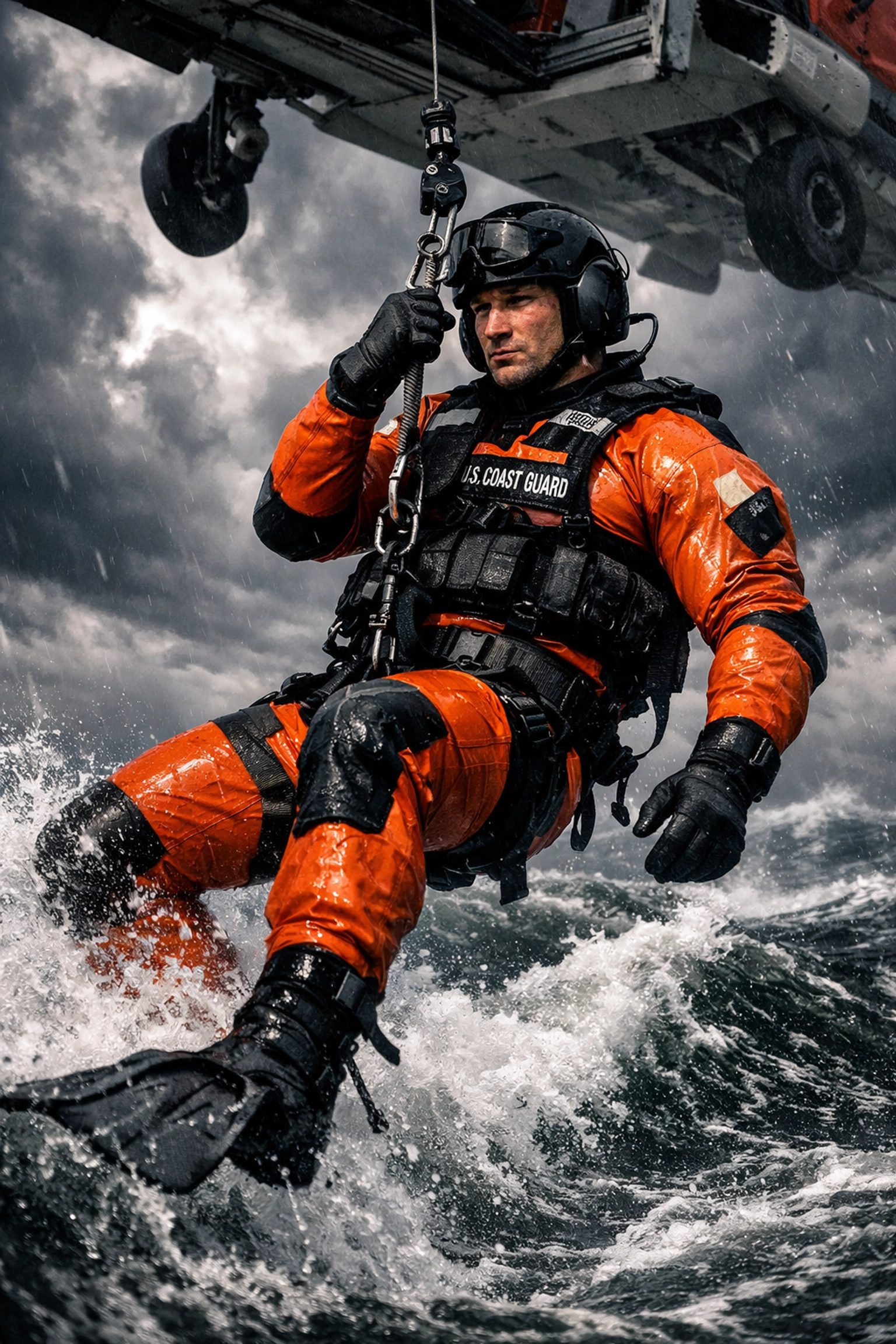 Coast Guard rescue swimmer descending into stormy ocean waves from helicopter