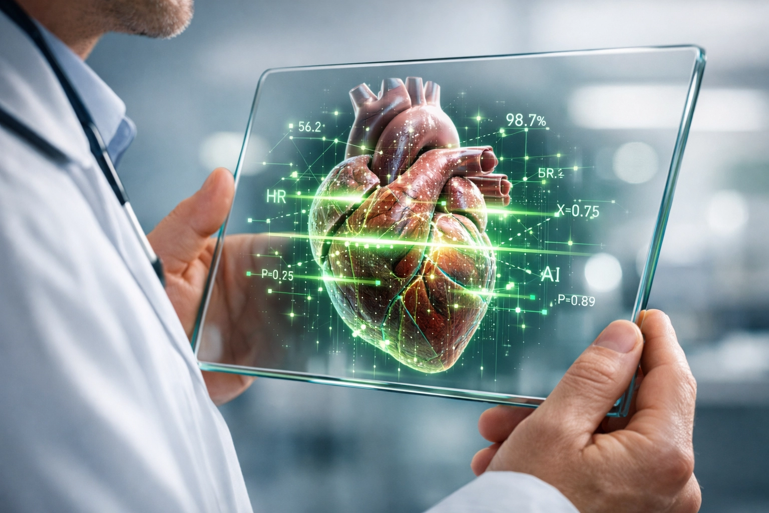 Medical professional using a transparent digital tablet to analyze explainable AI data for healthcare diagnostics.