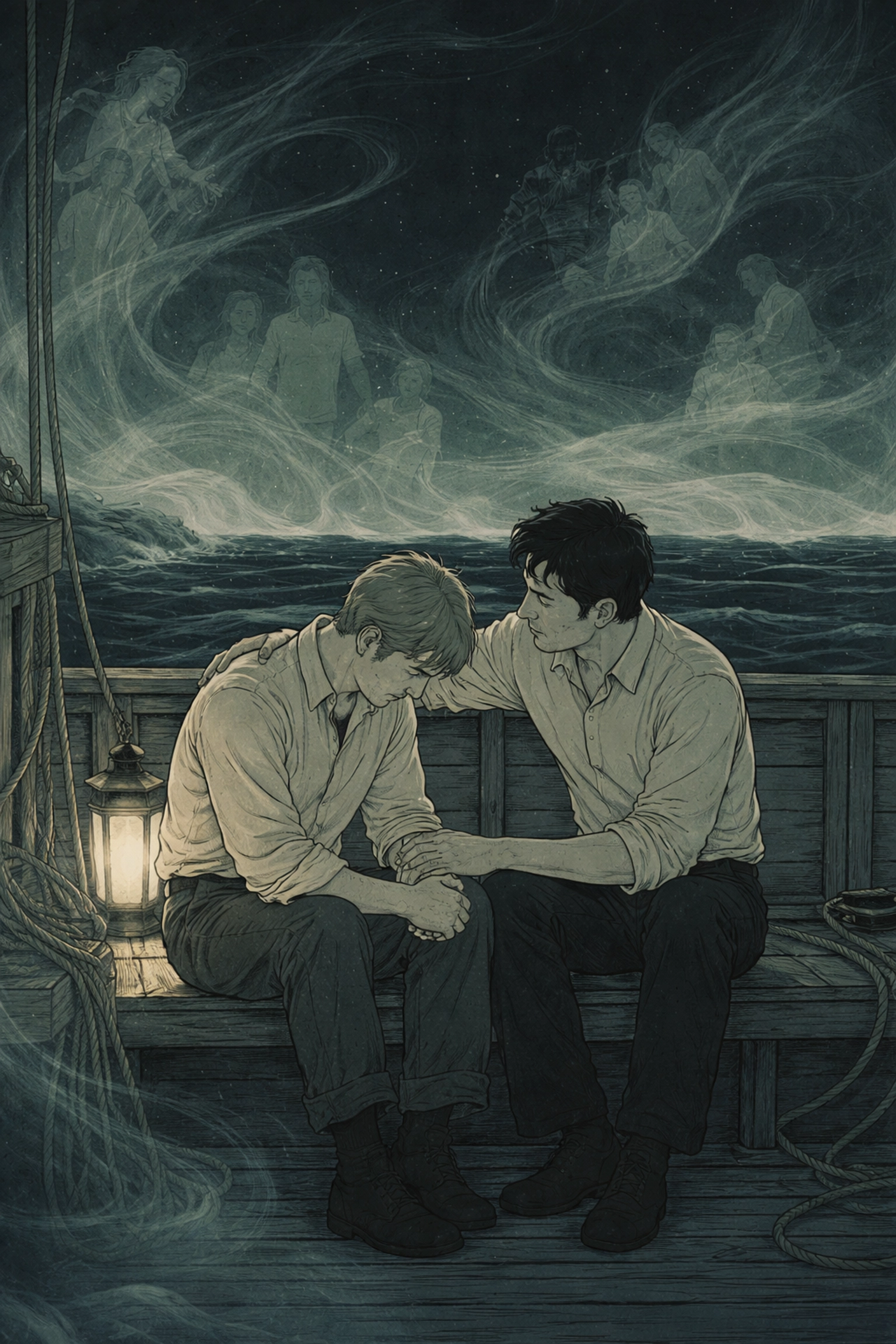 On a ship's deck at night, two men share a quiet, emotional moment surrounded by swirling memories, highlighting their slow-burn MM romance.
