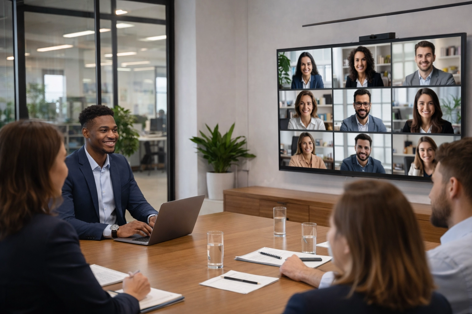Executive assistant engaged in a video conference in a sleek meeting room, demonstrating modern office automation tools.