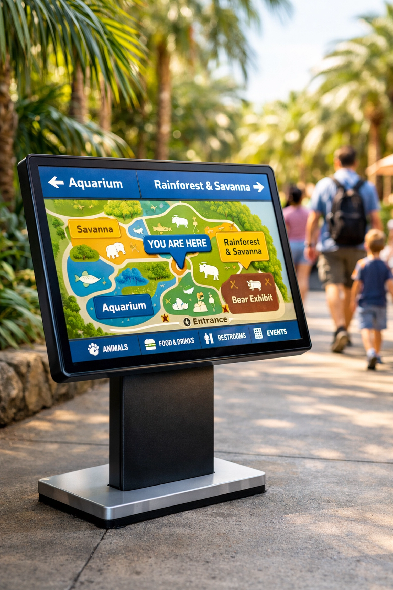 Digital wayfinding display at zoo entrance guiding visitors along pathway