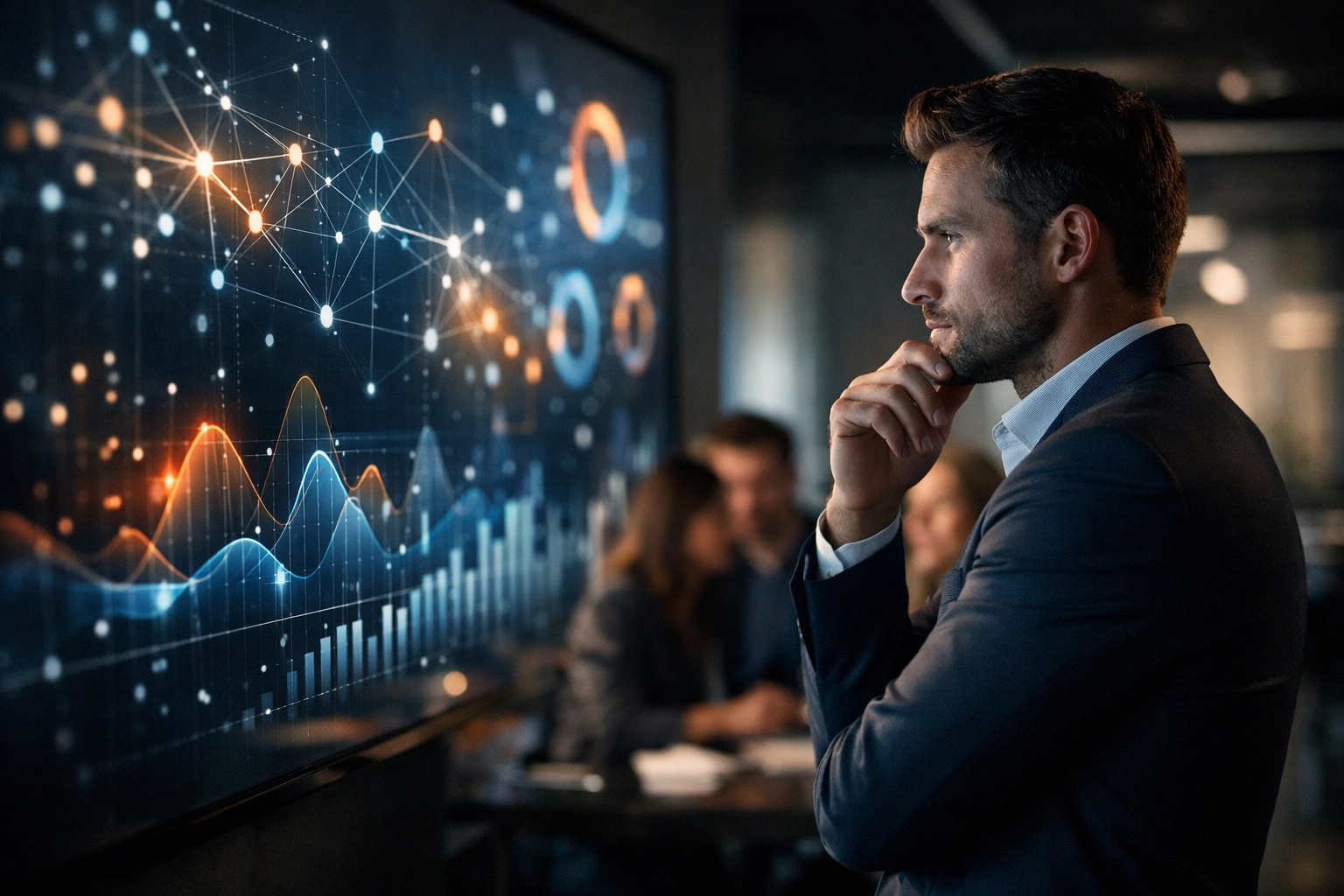 Cinematic modern office scene with a strategist reviewing abstract connected signals on a screen (no text).