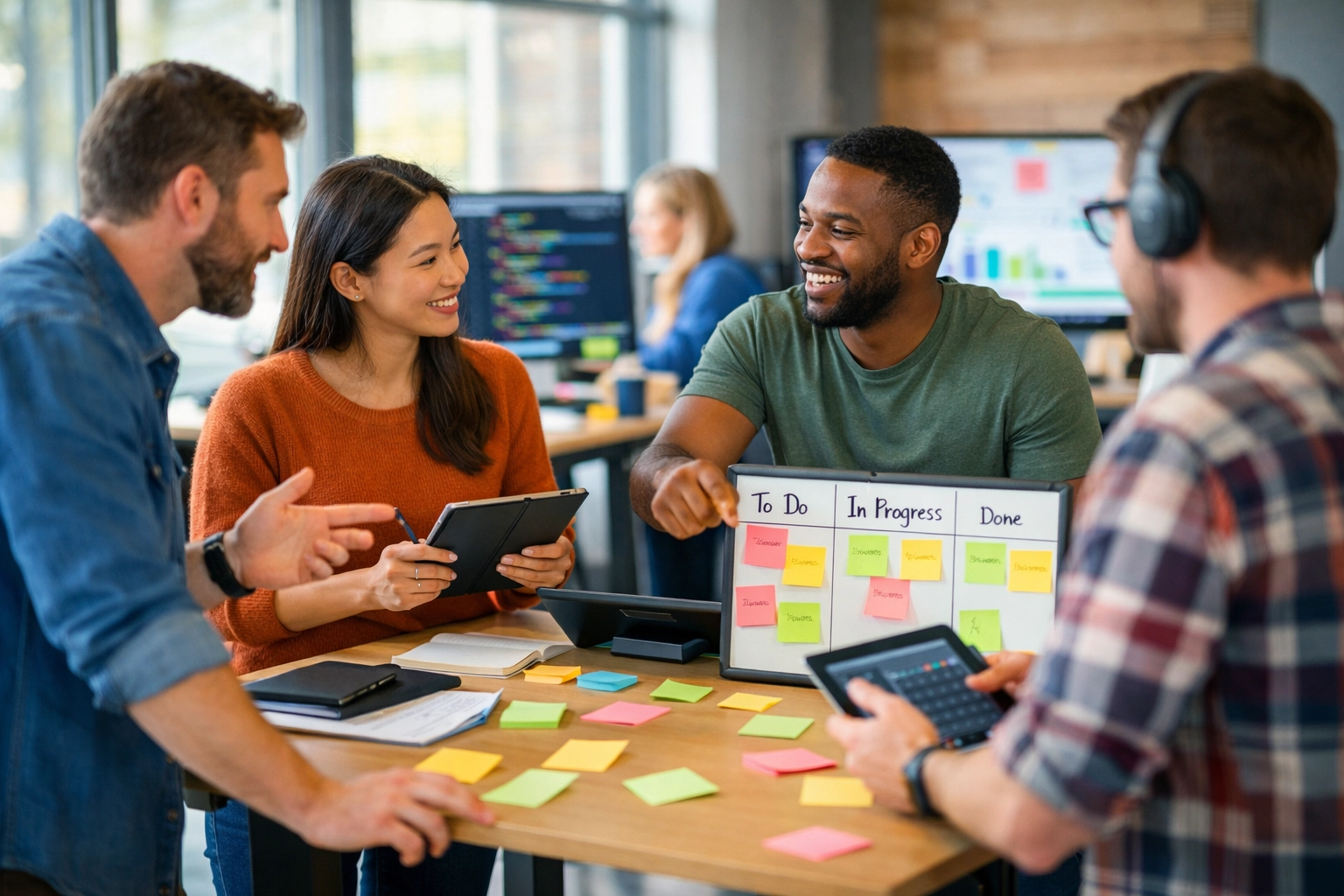 Agile development team collaborating on ServiceNow ITOM and ITAM implementation