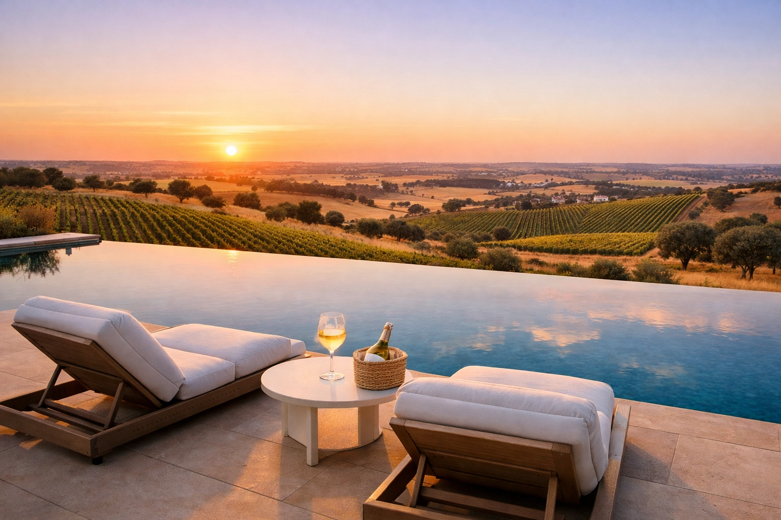 A luxury infinity pool with sunset views over the rolling vineyards of the Alentejo region in Portugal.