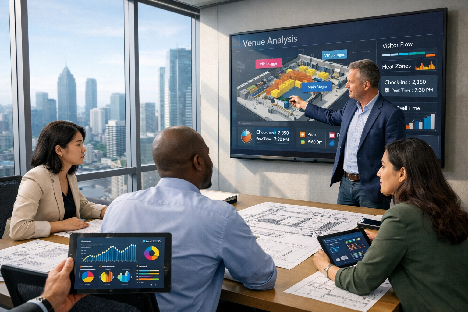 Business team planning multi-venue media framework strategy with venue blueprints and analytics