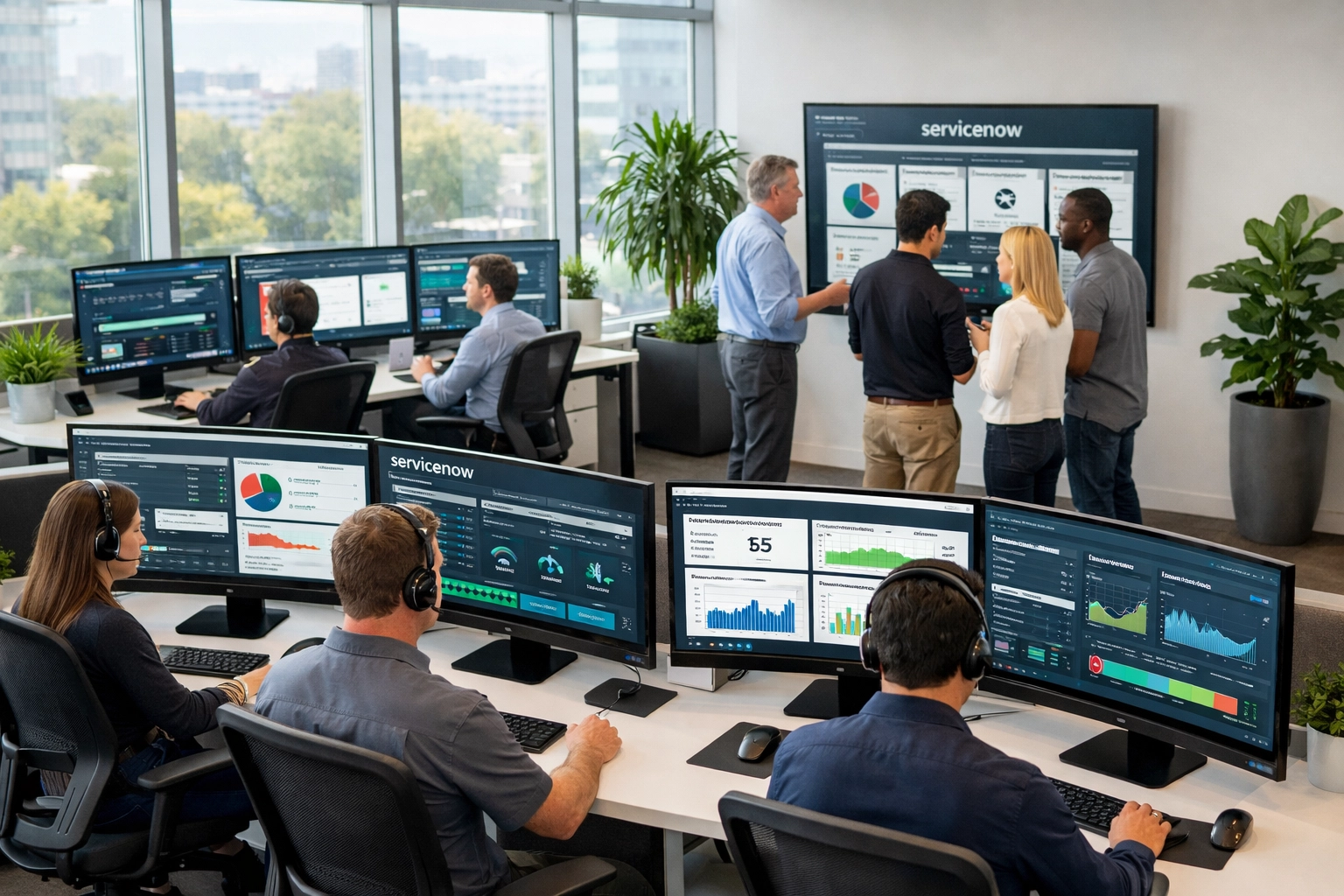 IT service desk agents collaborating in modern operations center with ServiceNow dashboards