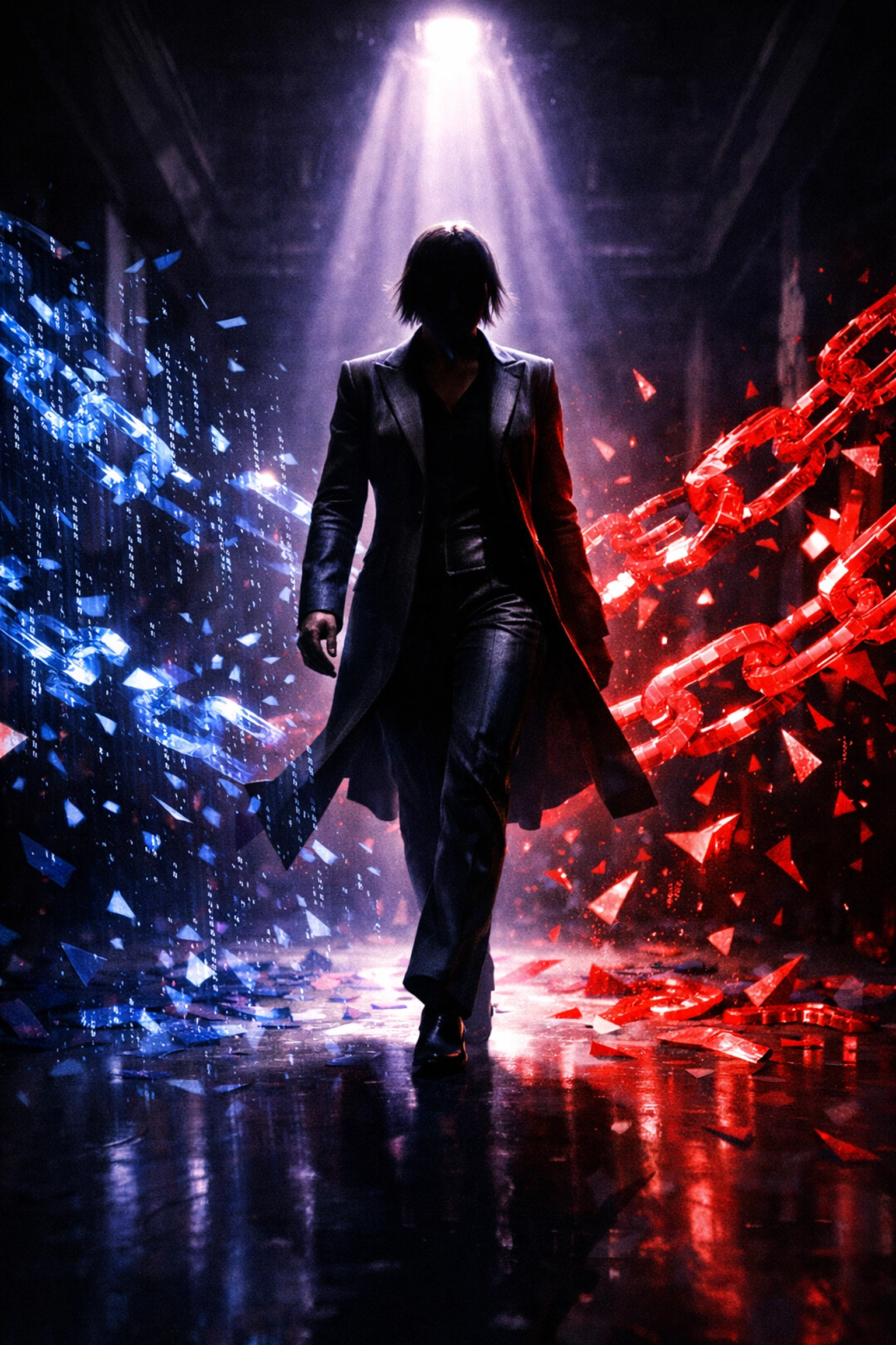 Person shattering digital chains to represent reclaiming authority and sovereignty from hidden contracts.