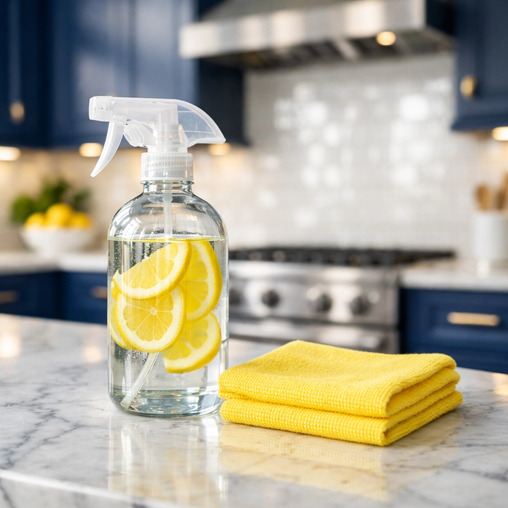 Natural kitchen cleaning supplies with lemon and microfiber cloth on a marble counter in Lancaster.