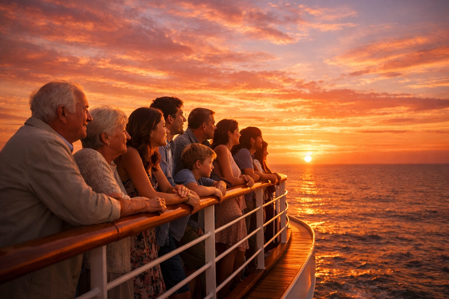 Family watching a sunset at sea during a group cruise family reunion trip.