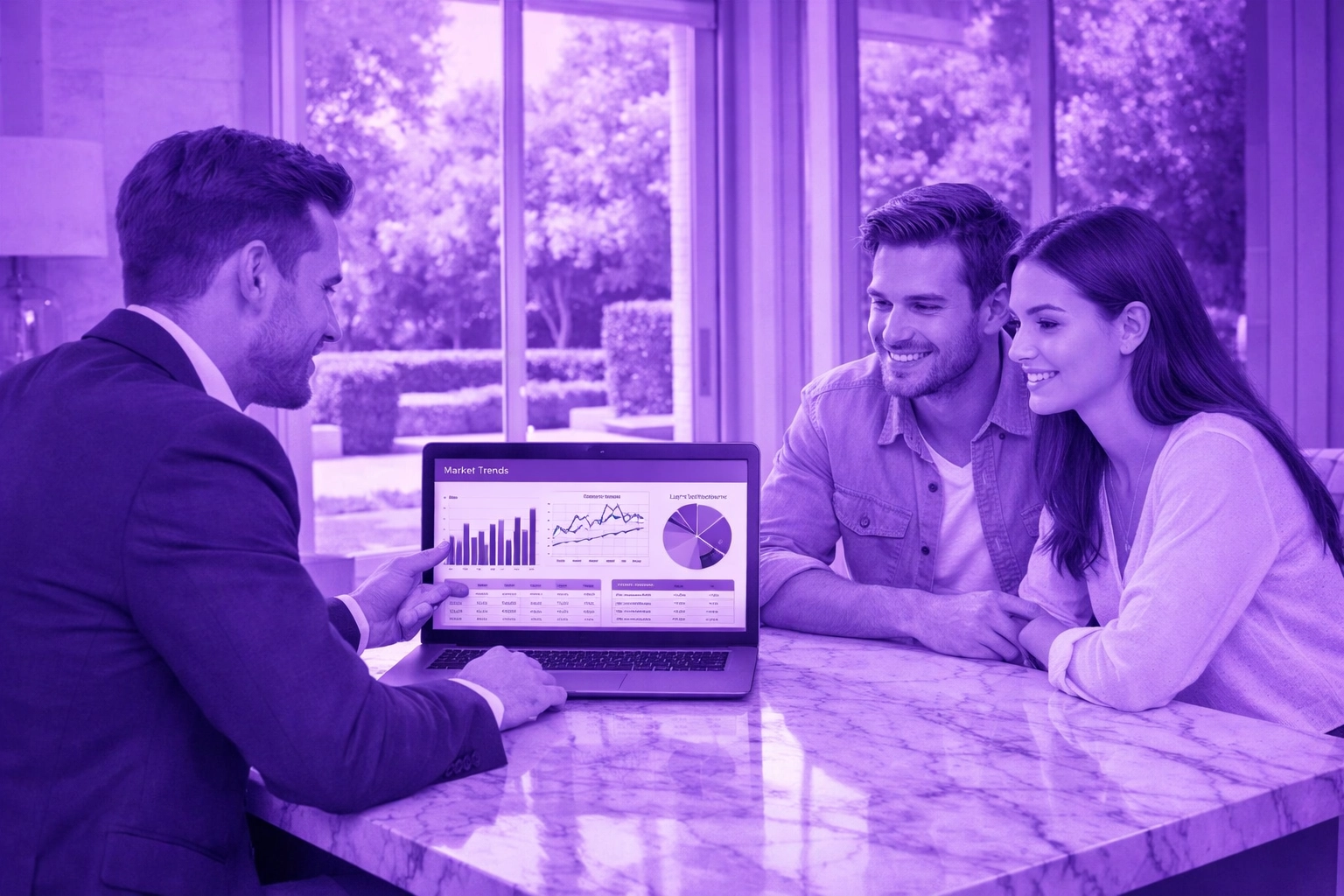 A real estate agent presenting AI-driven market valuation data to a couple on a laptop in a luxury home.