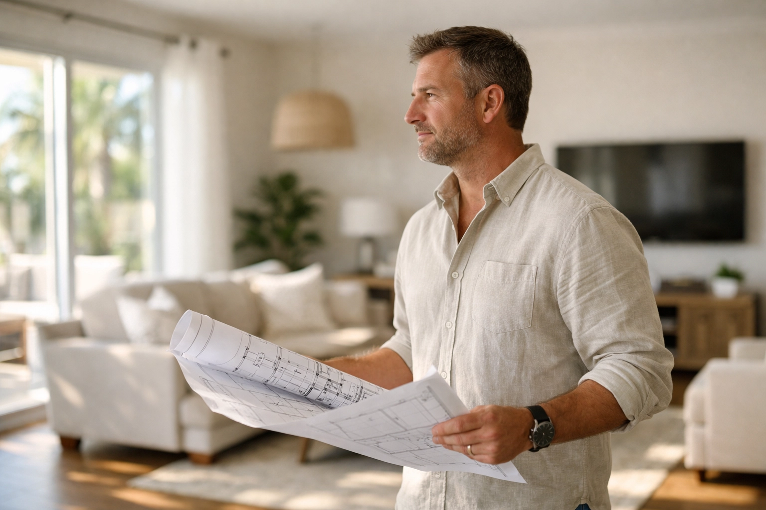 Orlando homeowner planning interior renovation with blueprints in bright living room