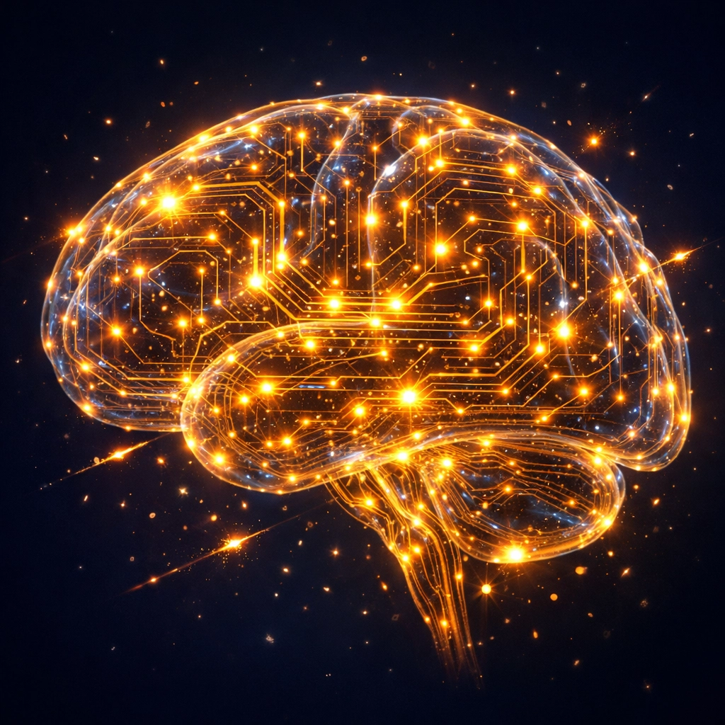 Glowing digital brain symbolizing an advanced AI agent's intelligence and processing.