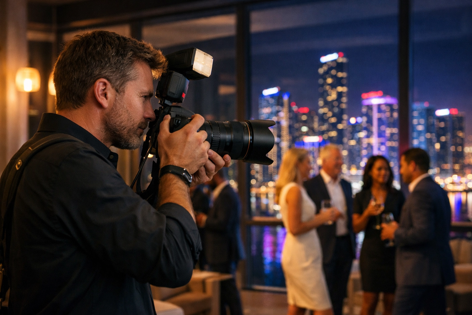 Professional Miami event photographer capturing a corporate networking event with Brickell skyline views.