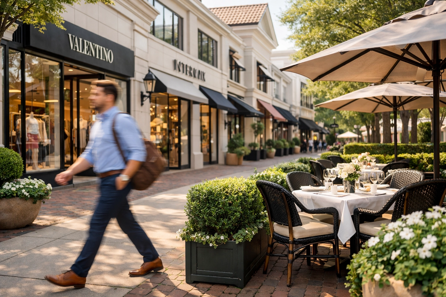 Professional walking past luxury shops in the SouthPark neighborhood of Charlotte, NC.