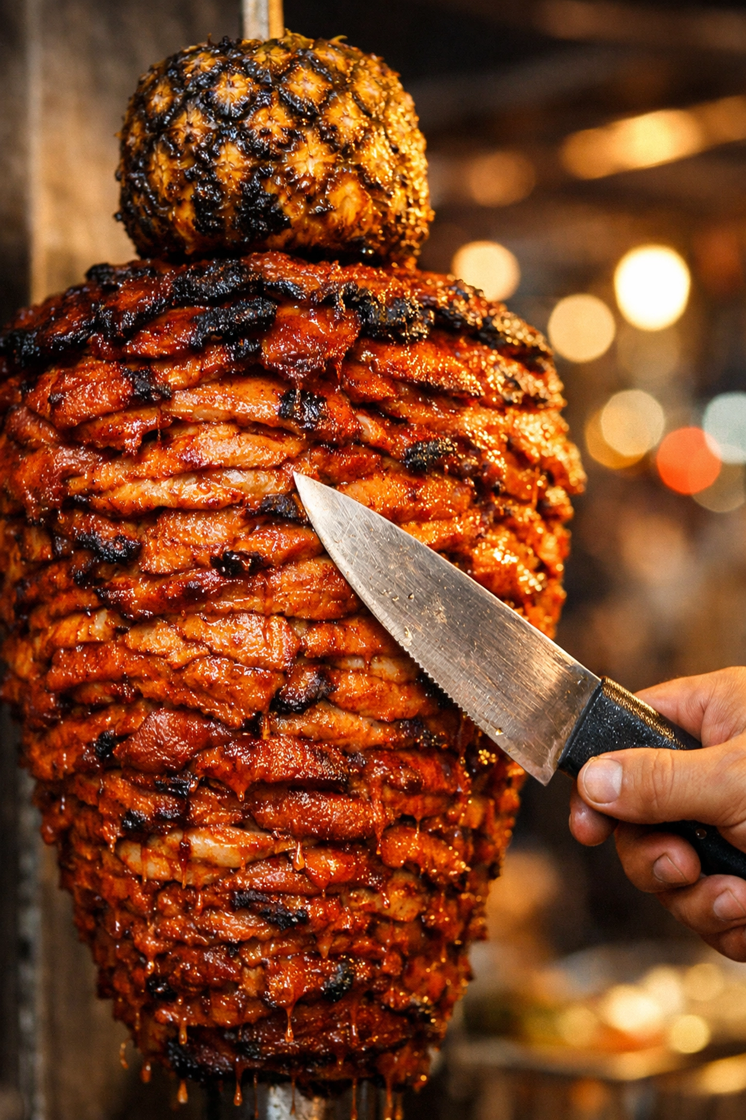 Traditional Al Pastor meat on a spit at an evening stand, a classic Mexico City street food for budget travelers.