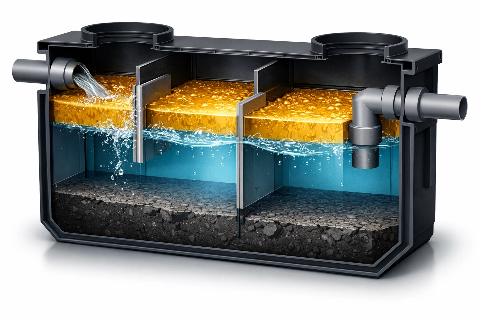 Cross-section diagram of a grease interceptor showing grease, water, and sludge separation.