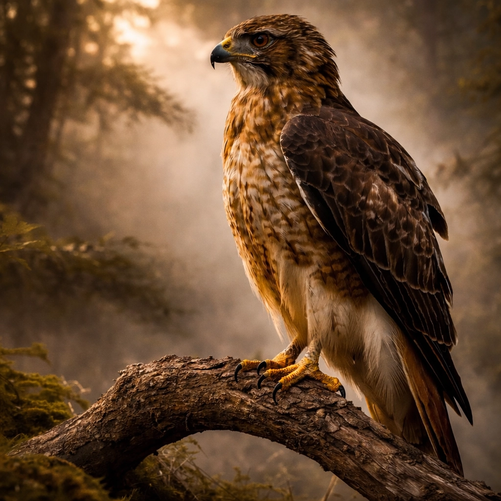 Red-tailed hawk perched in natural morning light with a soft misty forest background, symbolizing spirit guides in shamanic practice
