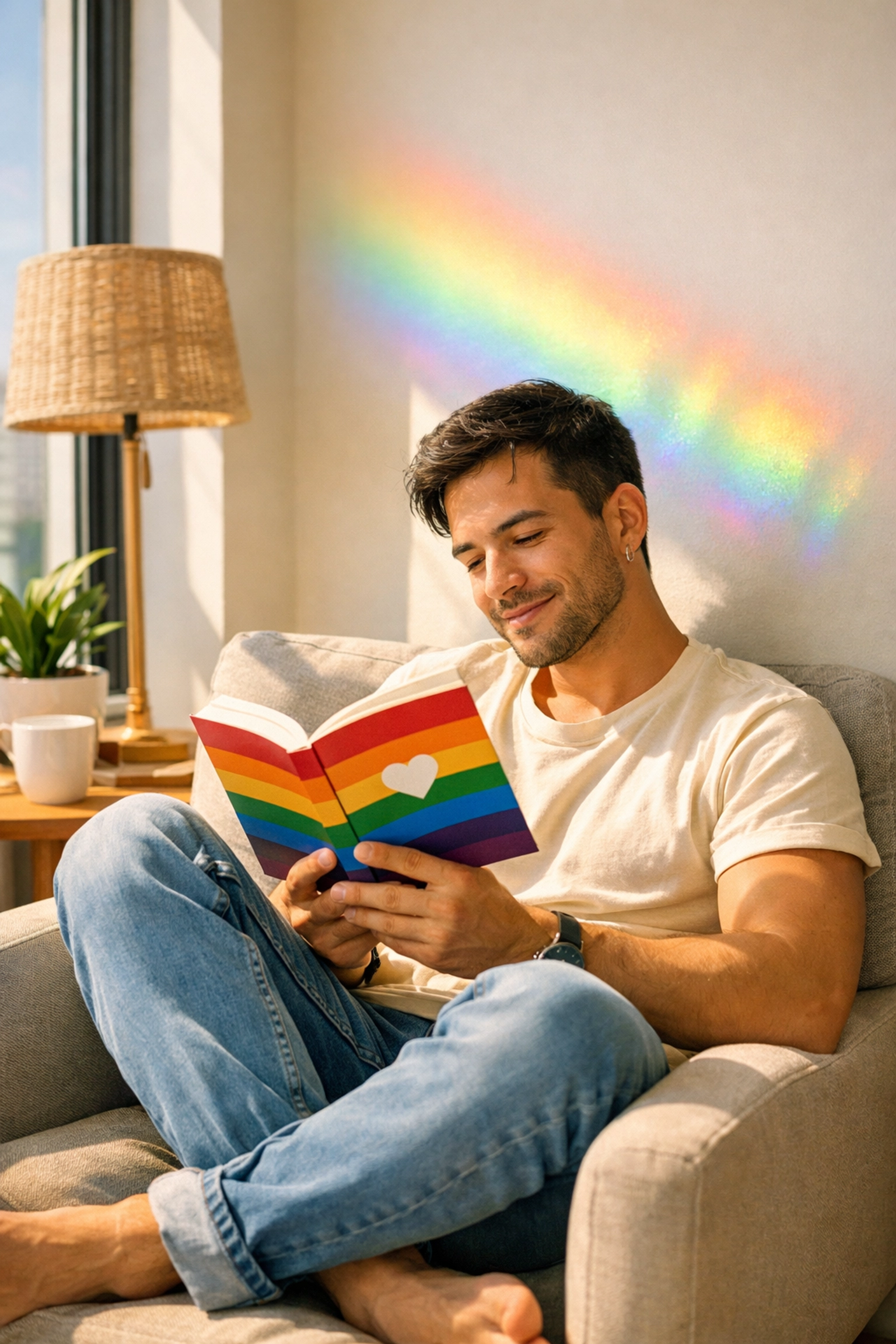 A young man enjoys a quiet moment reading an MM romance book in a sunny room with rainbow light reflections.