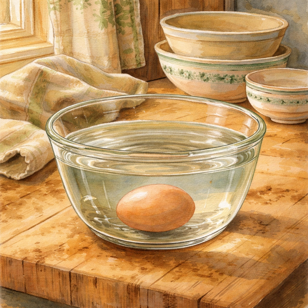 Farm fresh egg sinking in a bowl of water on a farmhouse counter, showing the egg freshness float test