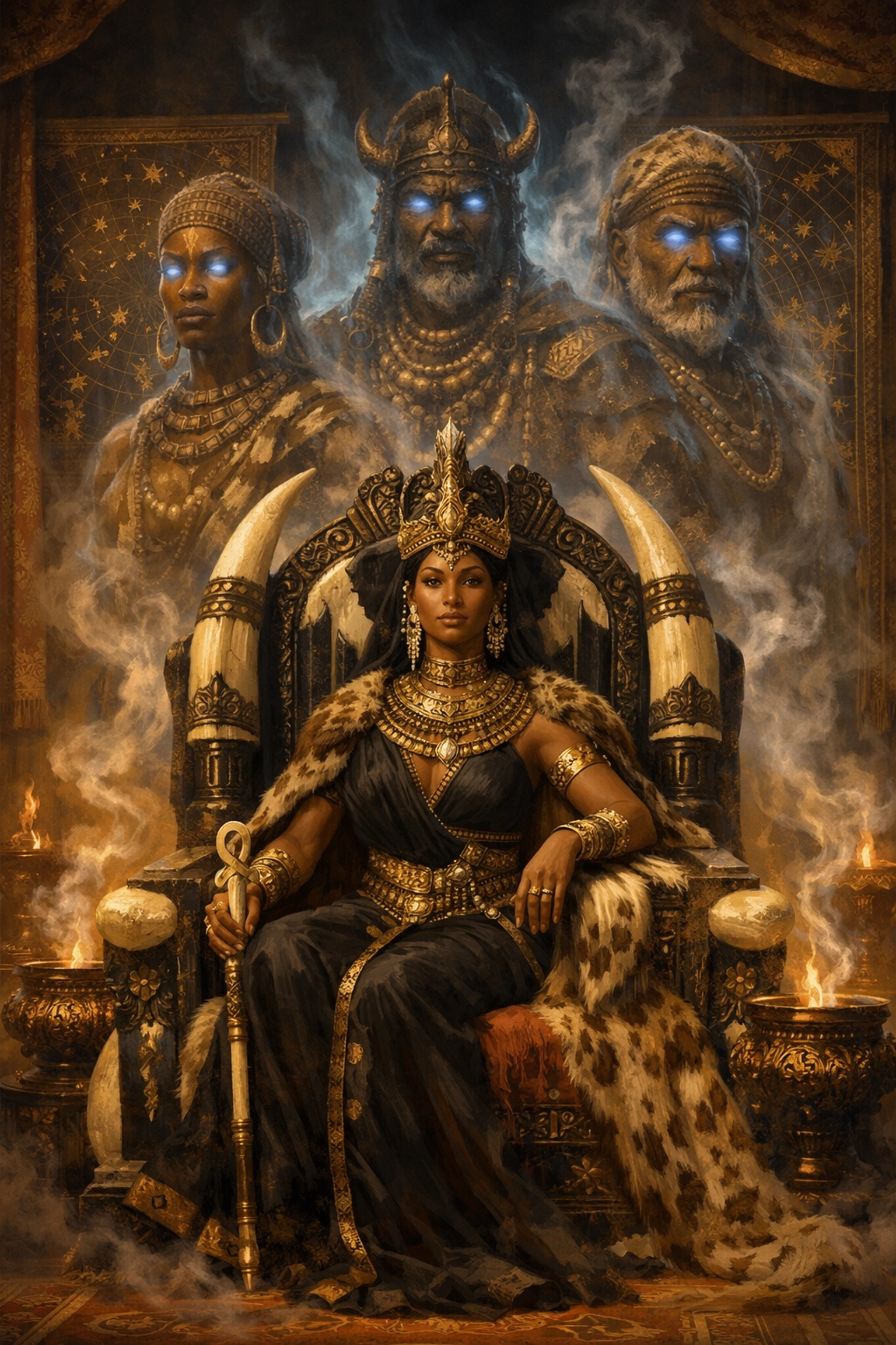 African fantasy queen sitting on an ebony throne with glowing ancestral spirits behind her.