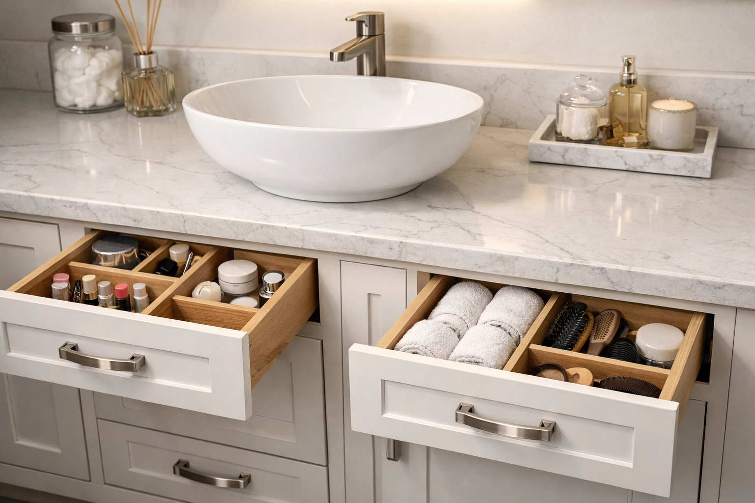 White quartz vanity countertop with custom cabinetry in remodeled Orlando bathroom