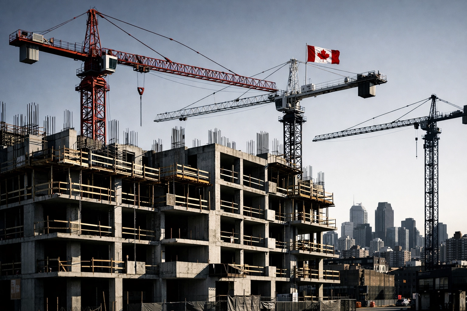 New residential apartment construction site in Montreal with industrial cranes and building framework.