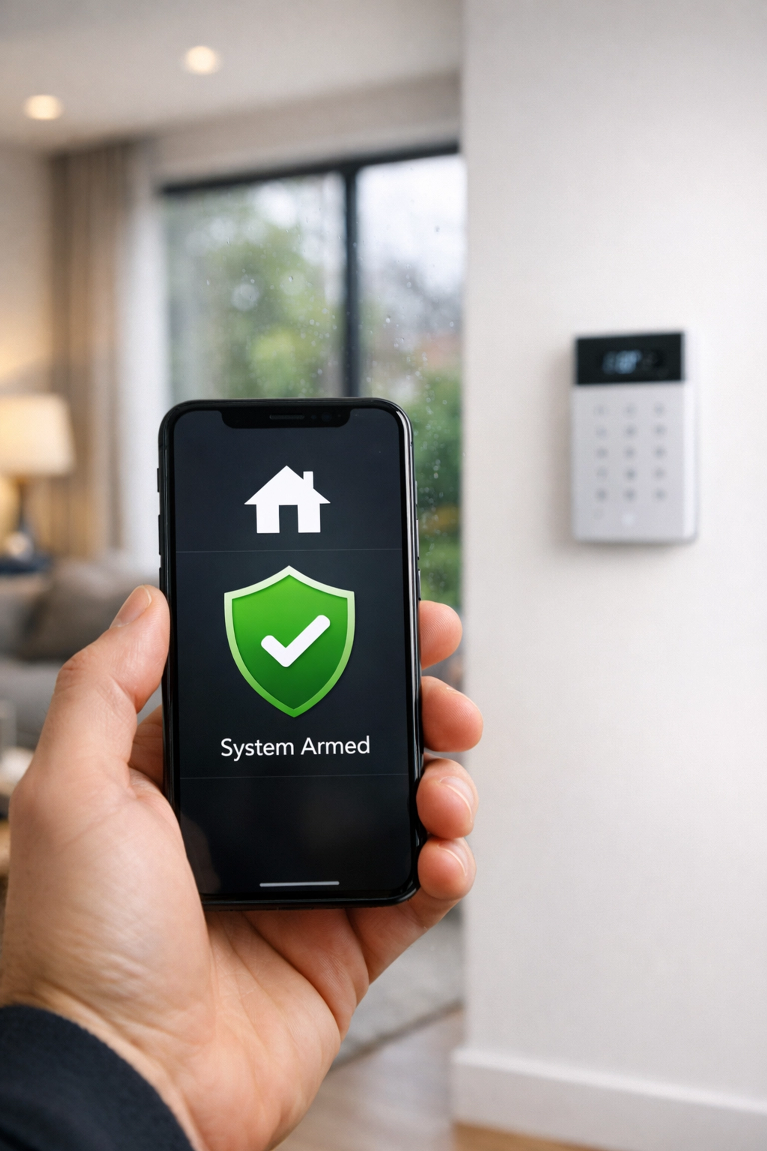 A homeowner using a smartphone app to control a smart intruder alarm in a Kidderminster home.