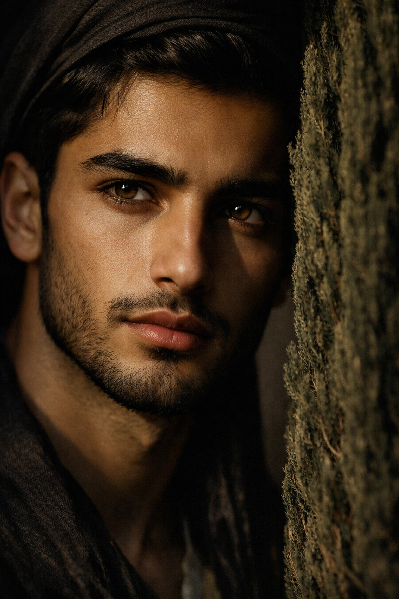Close-up of a handsome Afghan man reflecting classical male beauty standards in historical poetry.