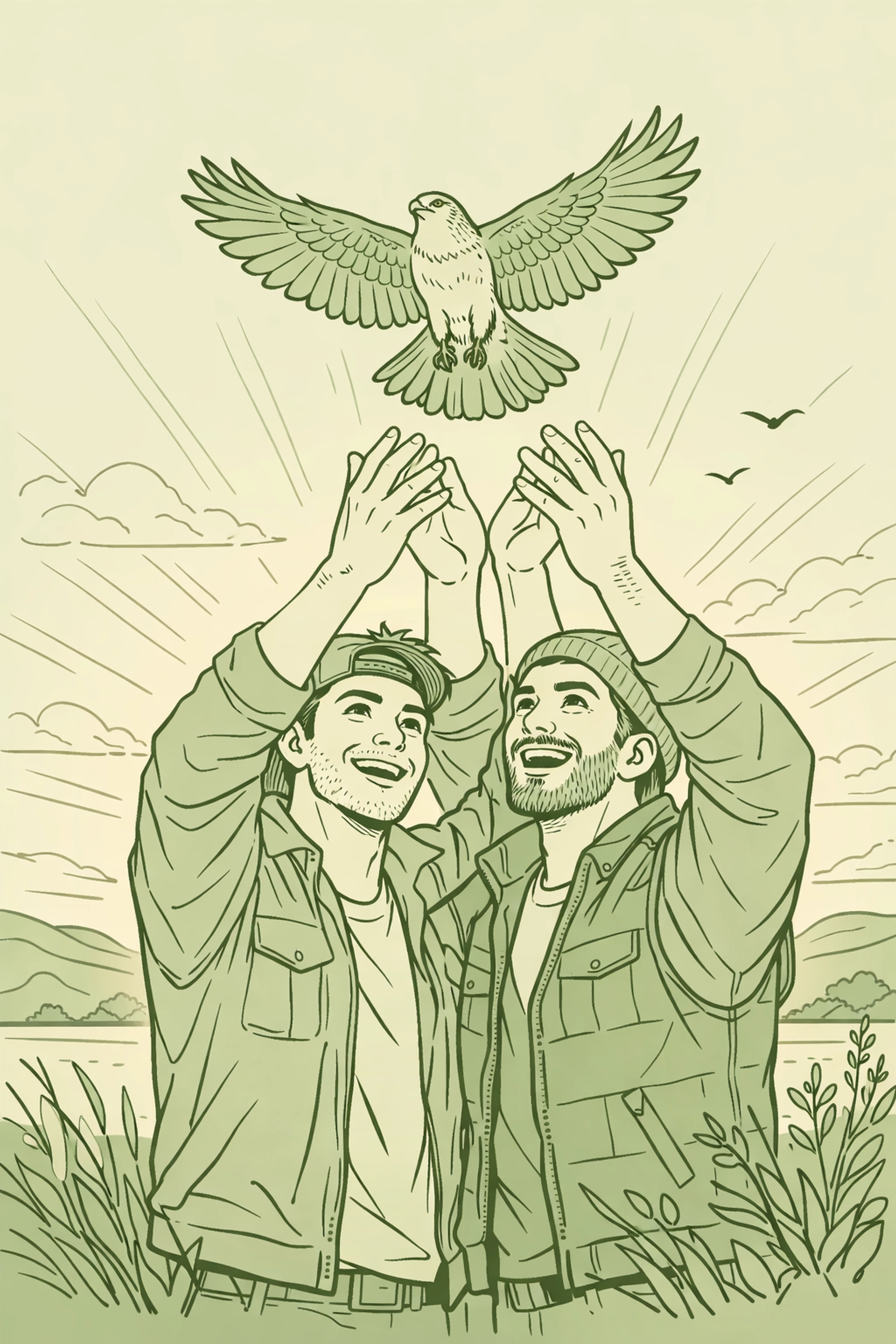 Queer wildlife rehabilitators releasing rescued bird symbolizing conservation success