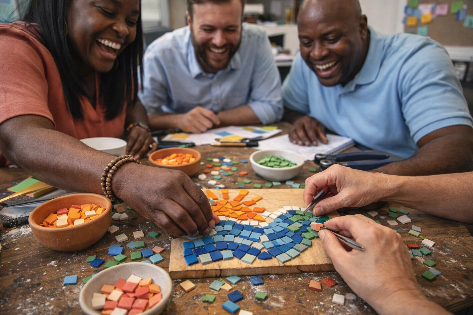 Team members collaborating on colorful mosaic tile project during corporate wellness workshop