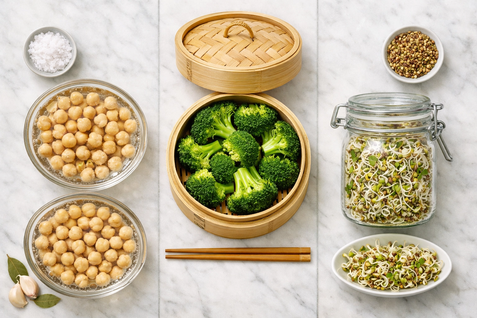 Examples of soaking chickpeas, steaming broccoli, and sprouting seeds to improve plant nutrient absorption.