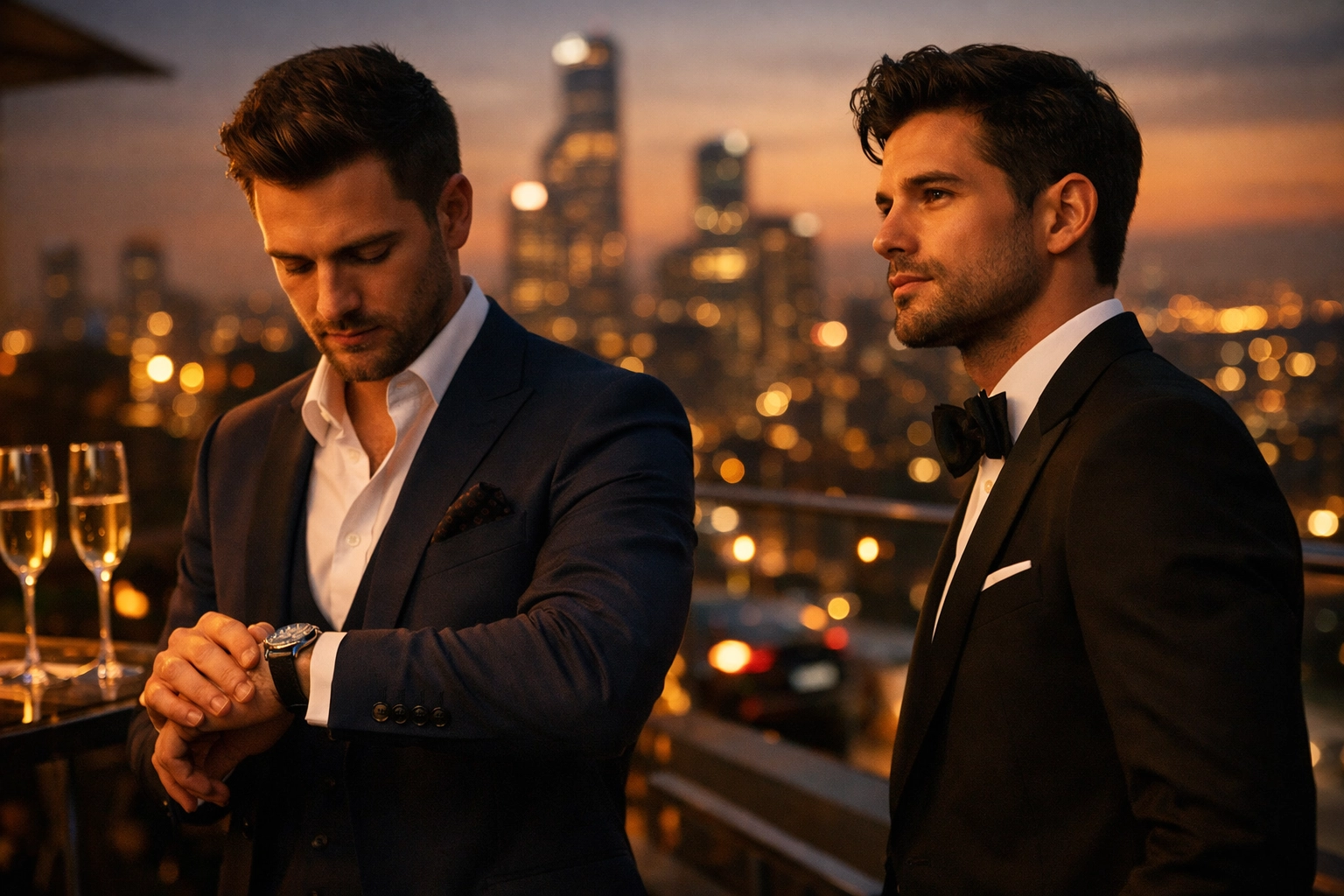 Two gay men at luxury rooftop party overlooking city lights, representing wealth and connection