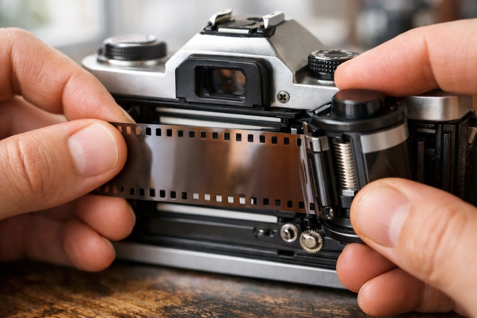 Hands loading 35mm film into a vintage SLR camera, highlighting traditional photography storytelling.