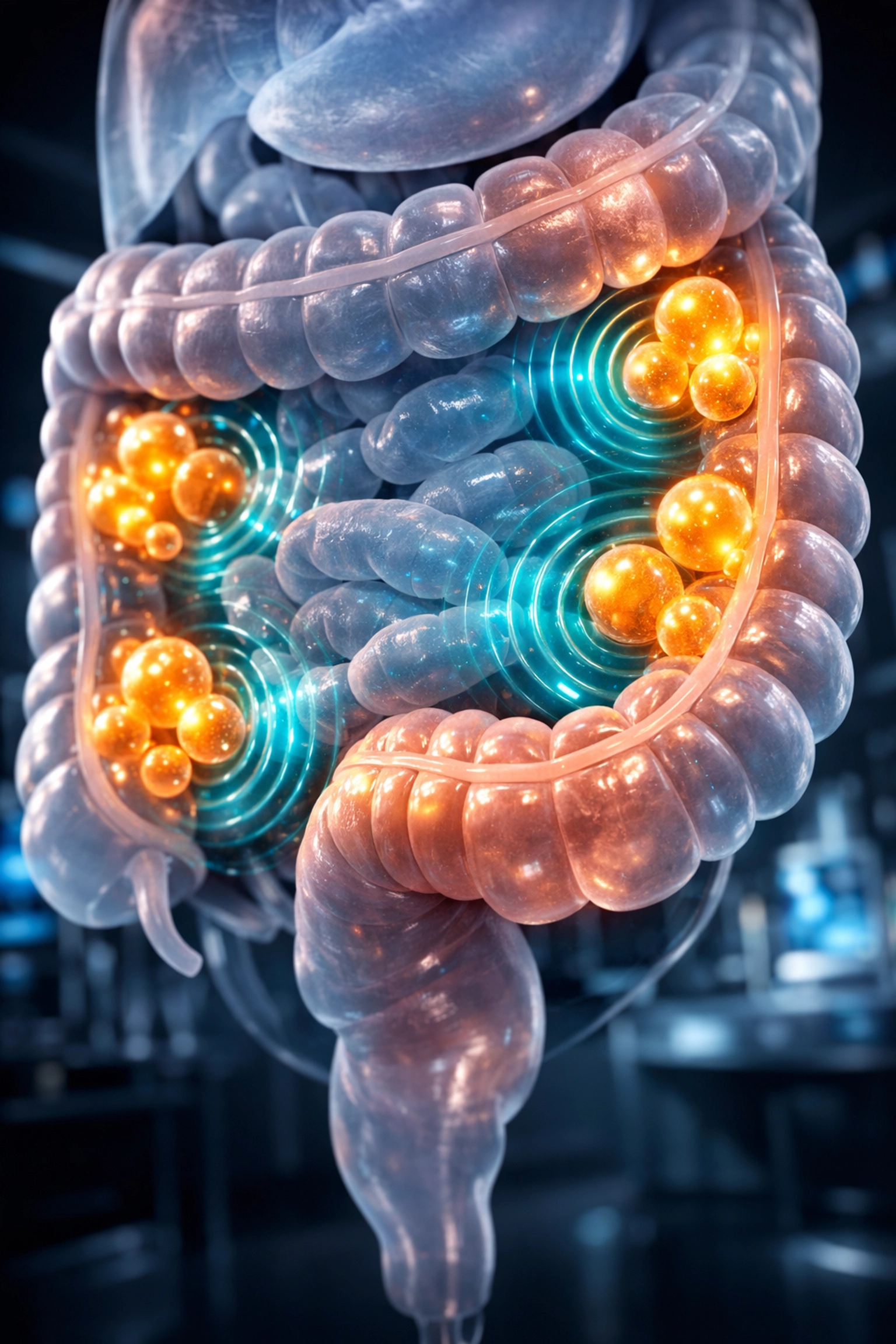 Diagram of the human digestive tract illustrating intestinal gas and IBS-related visceral hypersensitivity.