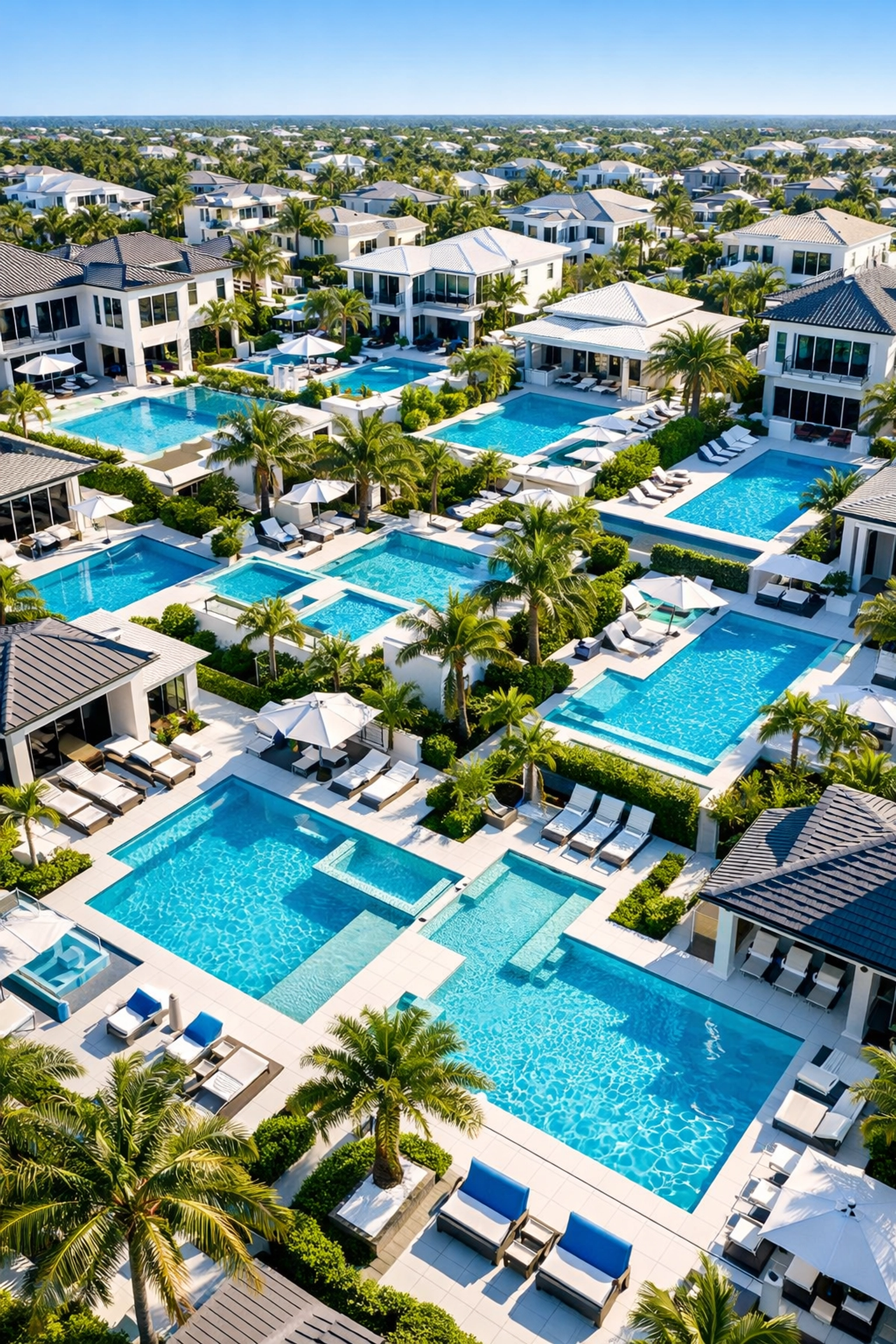 High-angle view of Florida backyard pools showing high account density for pool route sales.