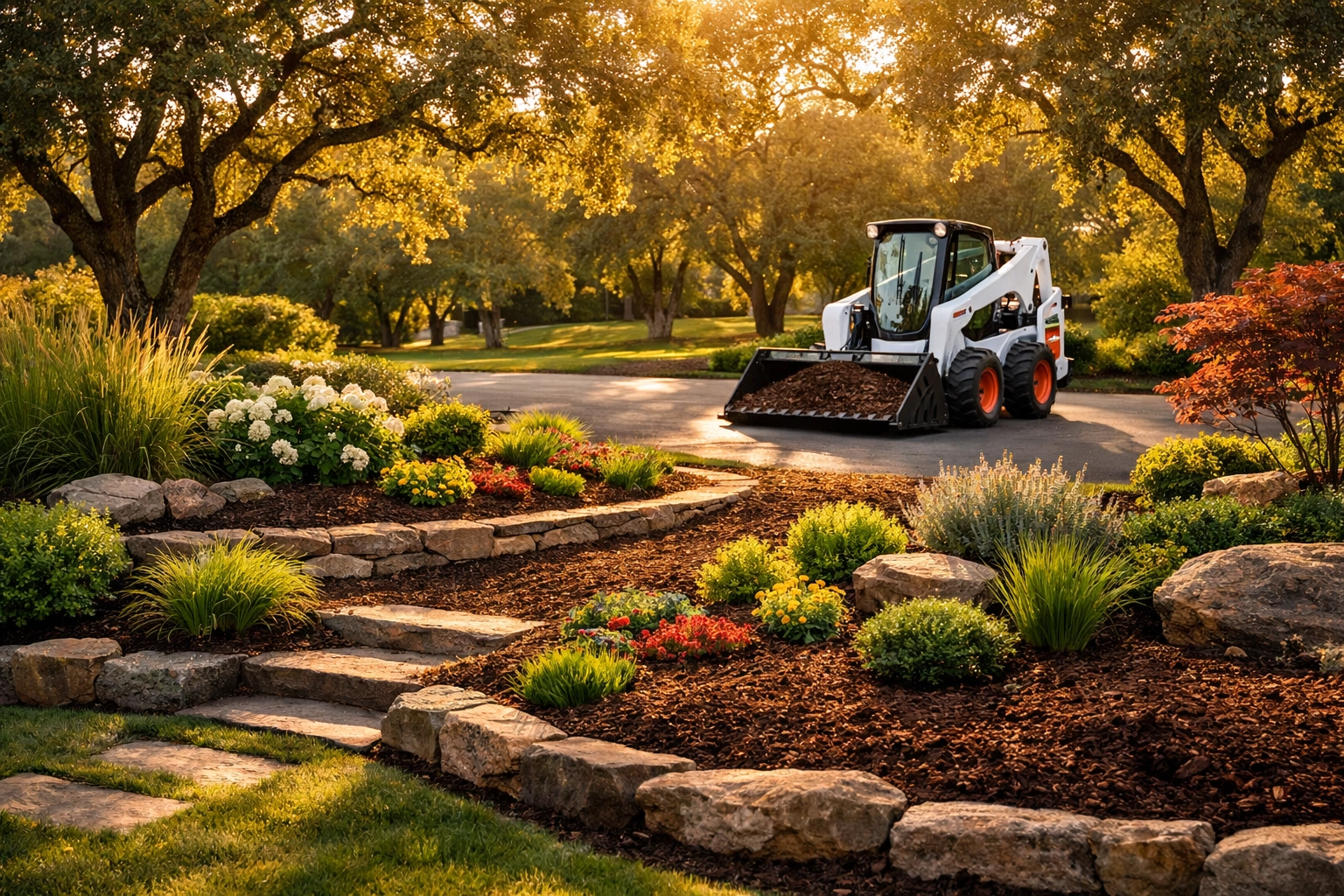 Expertly mulched multi-tiered garden beds showcasing a complete property transformation in Michigan.