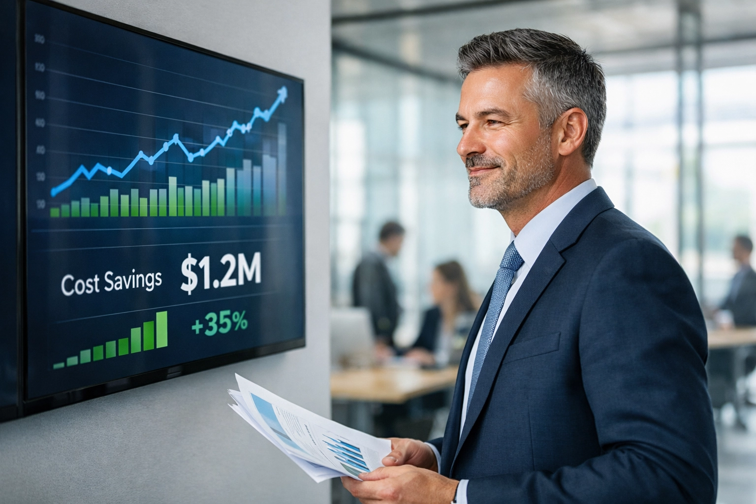 Executive reviewing ServiceNow ITAM ROI dashboard showing 40% software cost savings