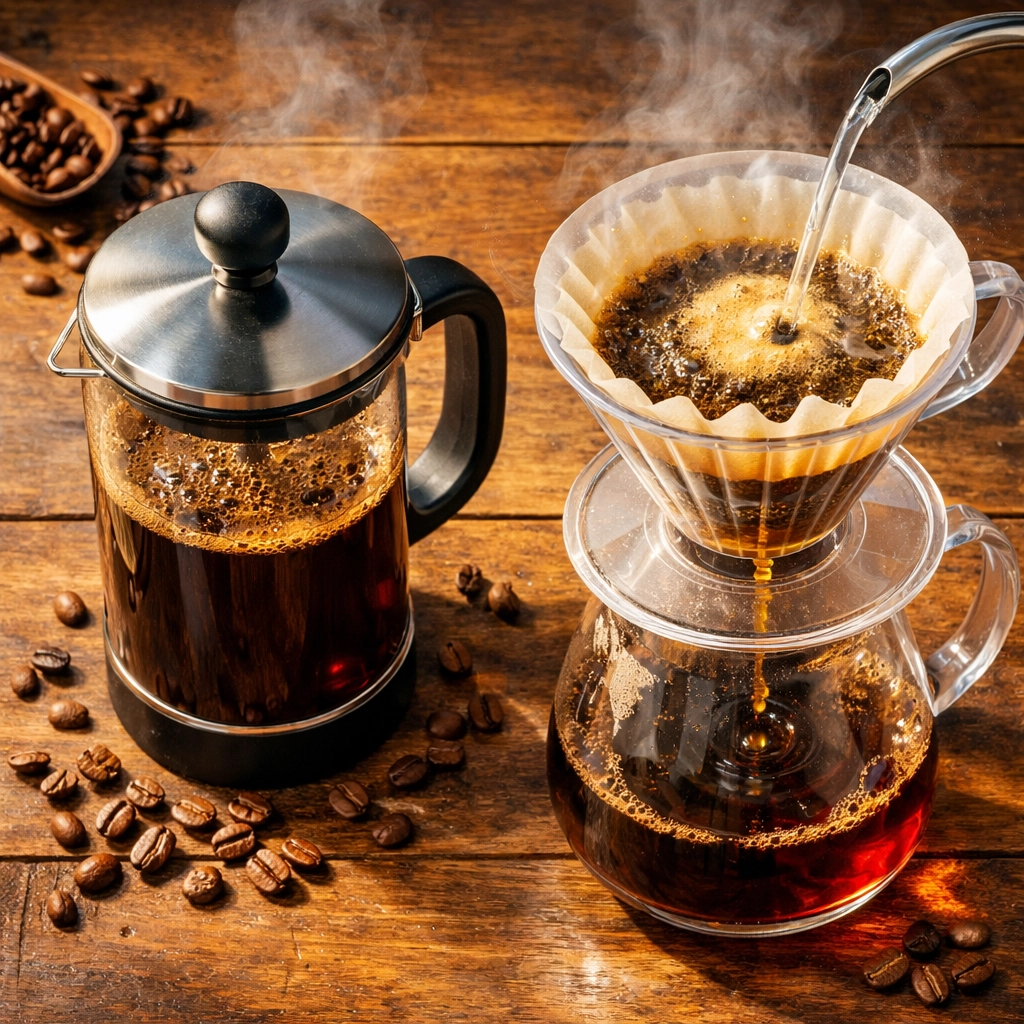 French Press and V60 pour-over brewing methods side by side with fresh coffee beans