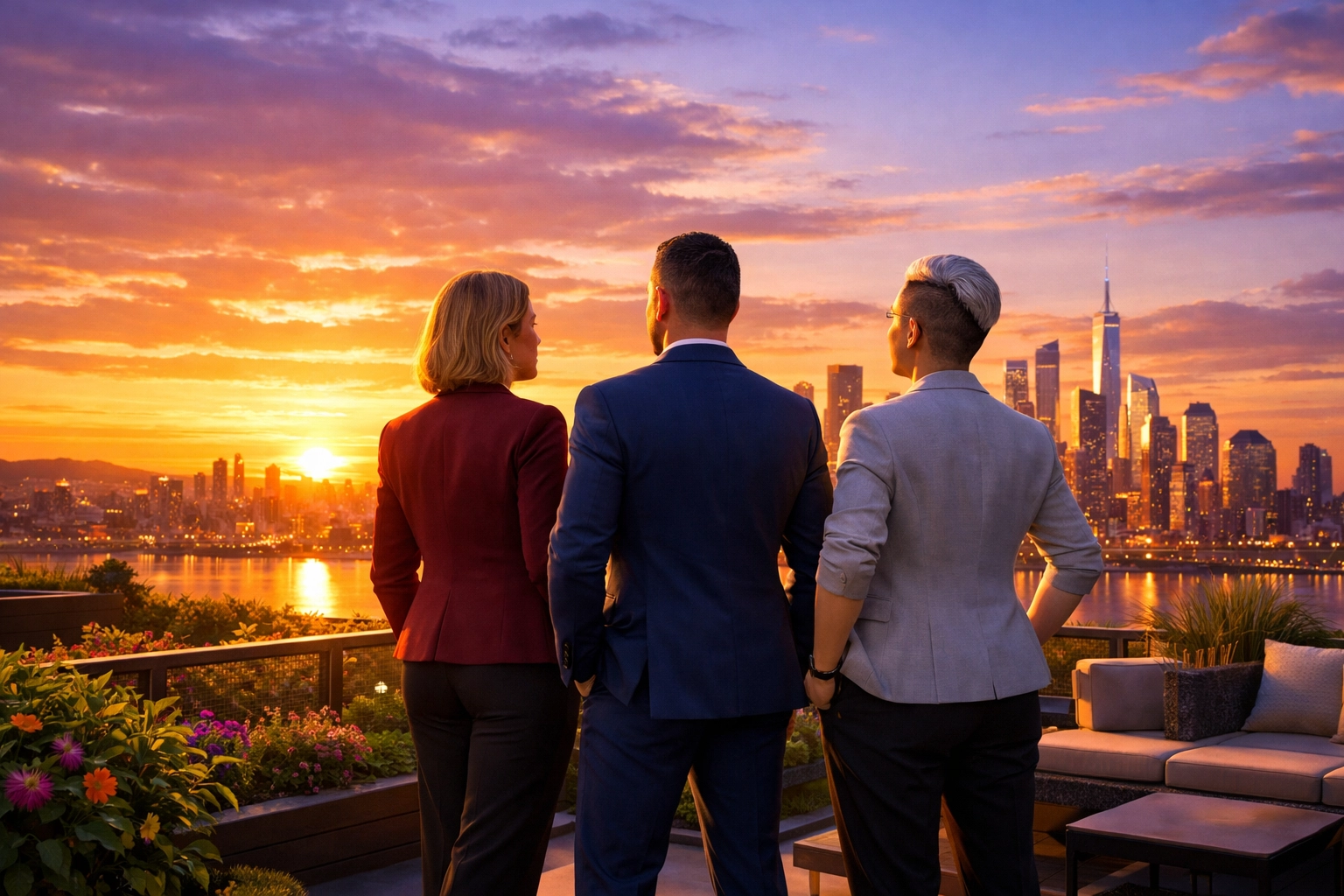 Diverse queer leaders viewing a city skyline at sunset, representing the future of LGBTQ+ professional development.