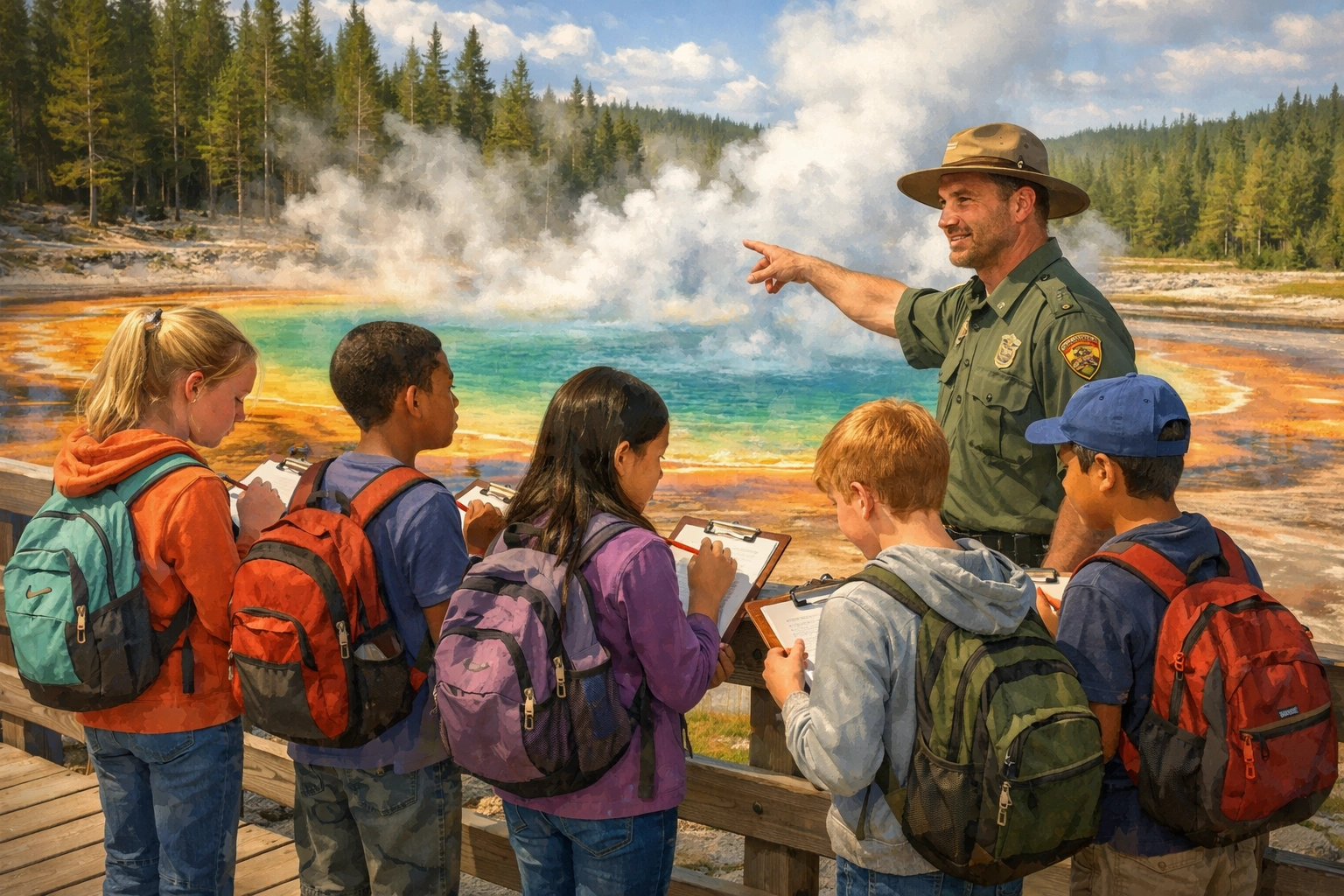 Student travel group learning about Yellowstone geothermal features with park guide