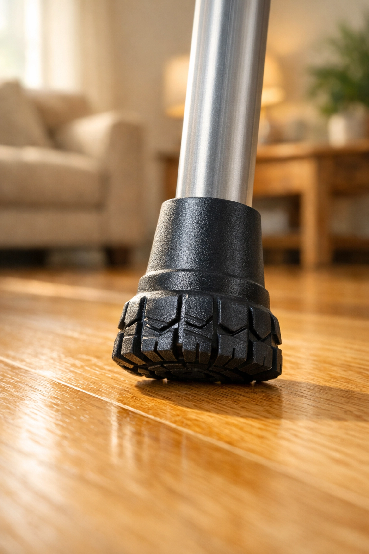 New rubber walker tip with deep tread on a hardwood floor for improved stability and fall prevention.