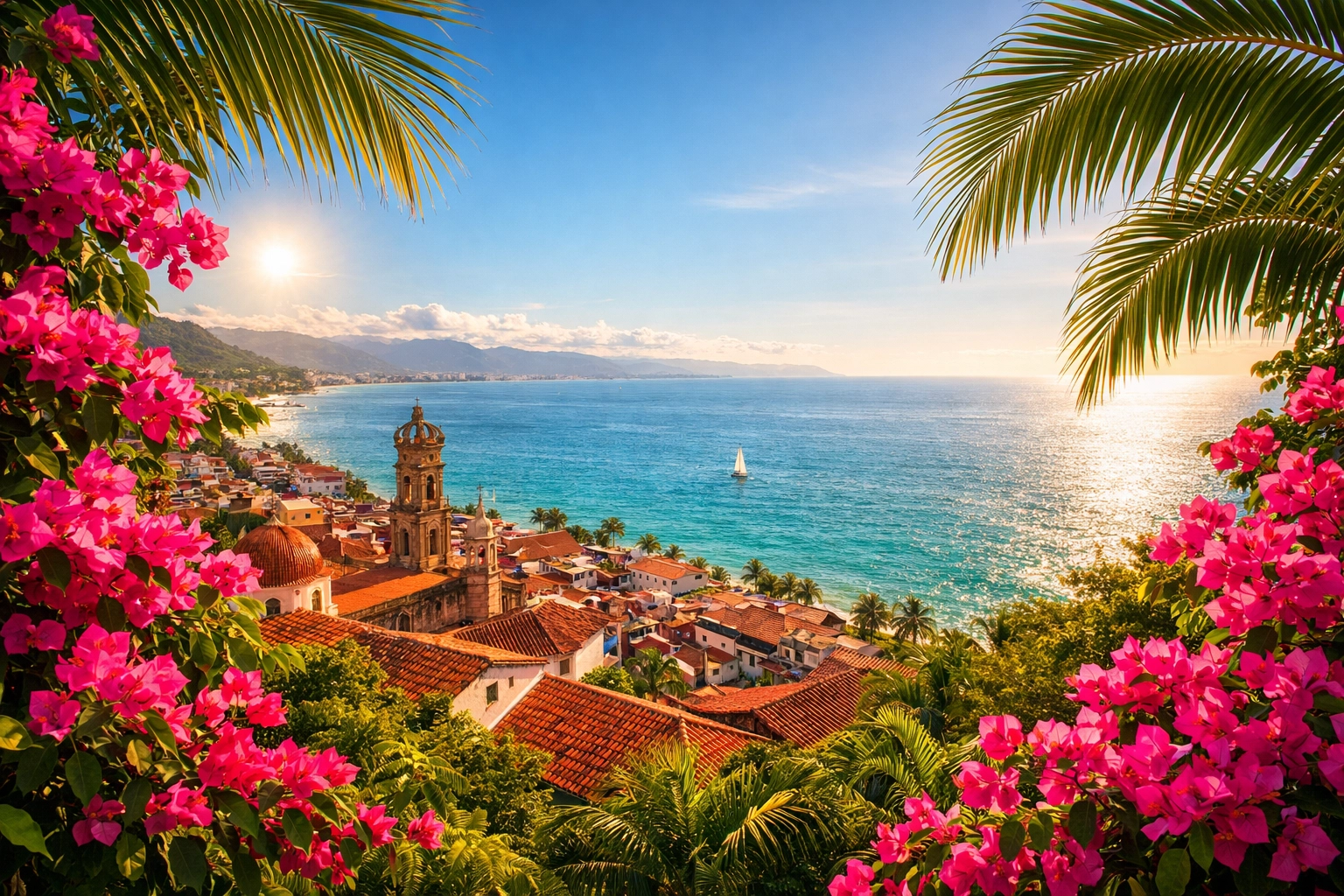 Vibrant Amapas hillside view overlooking Old Town Puerto Vallarta and Banderas Bay with pink bougainvillea.