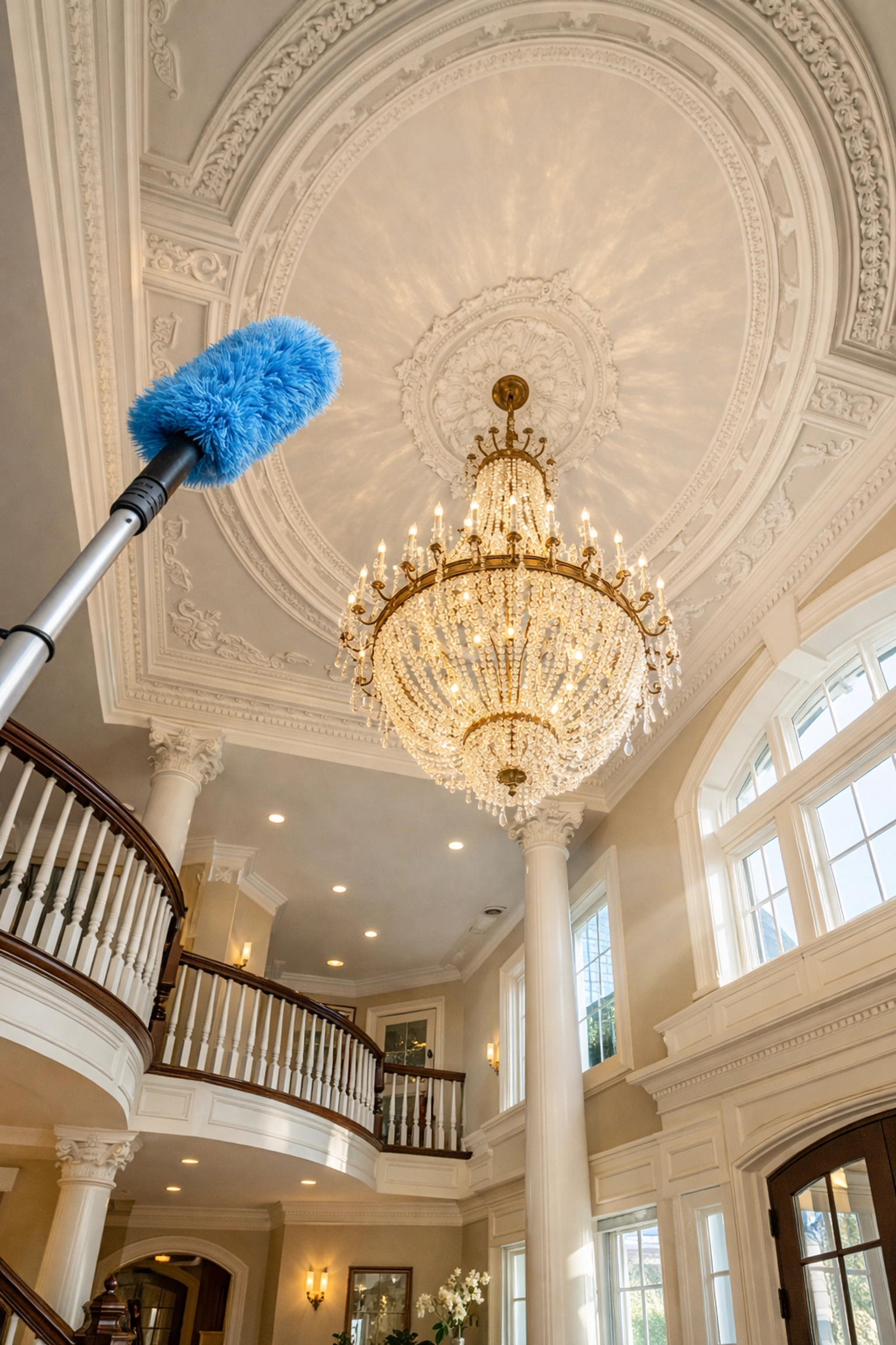 Dusting high ceilings in a Townsend estate using professional House Cleaning Townsend MA techniques.