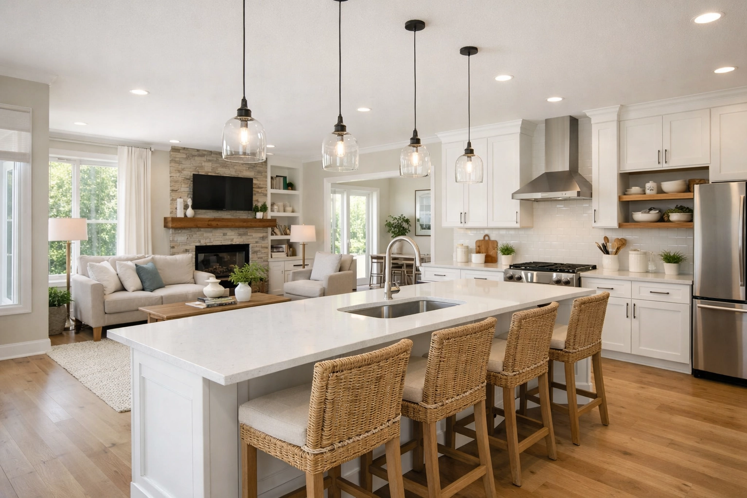 [Triad home interior] Bright modern kitchen and living space